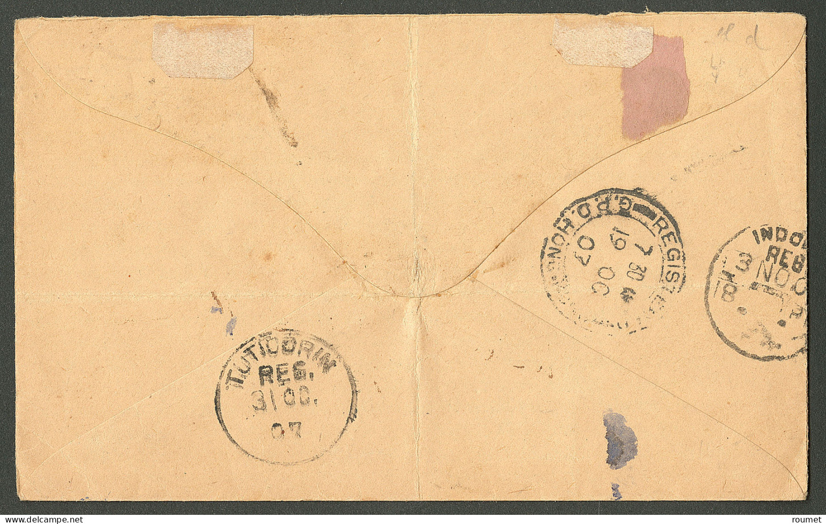 Lettre Cad "Canton-Chine" Oct 1907 Sur Canton 37 + 43 Sur Enveloppe Recommandée Pour L'Inde, Arr. Tuticorin (Thoothukudi - Sonstige & Ohne Zuordnung