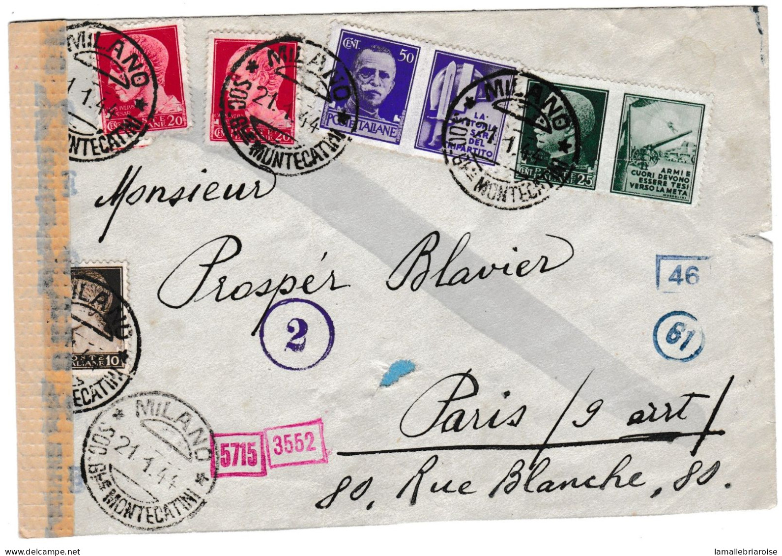 Italie, Enveloppe De Milano Du 21/1/44 Pour Paris, Marques De Censure - Correo Militar (PM)