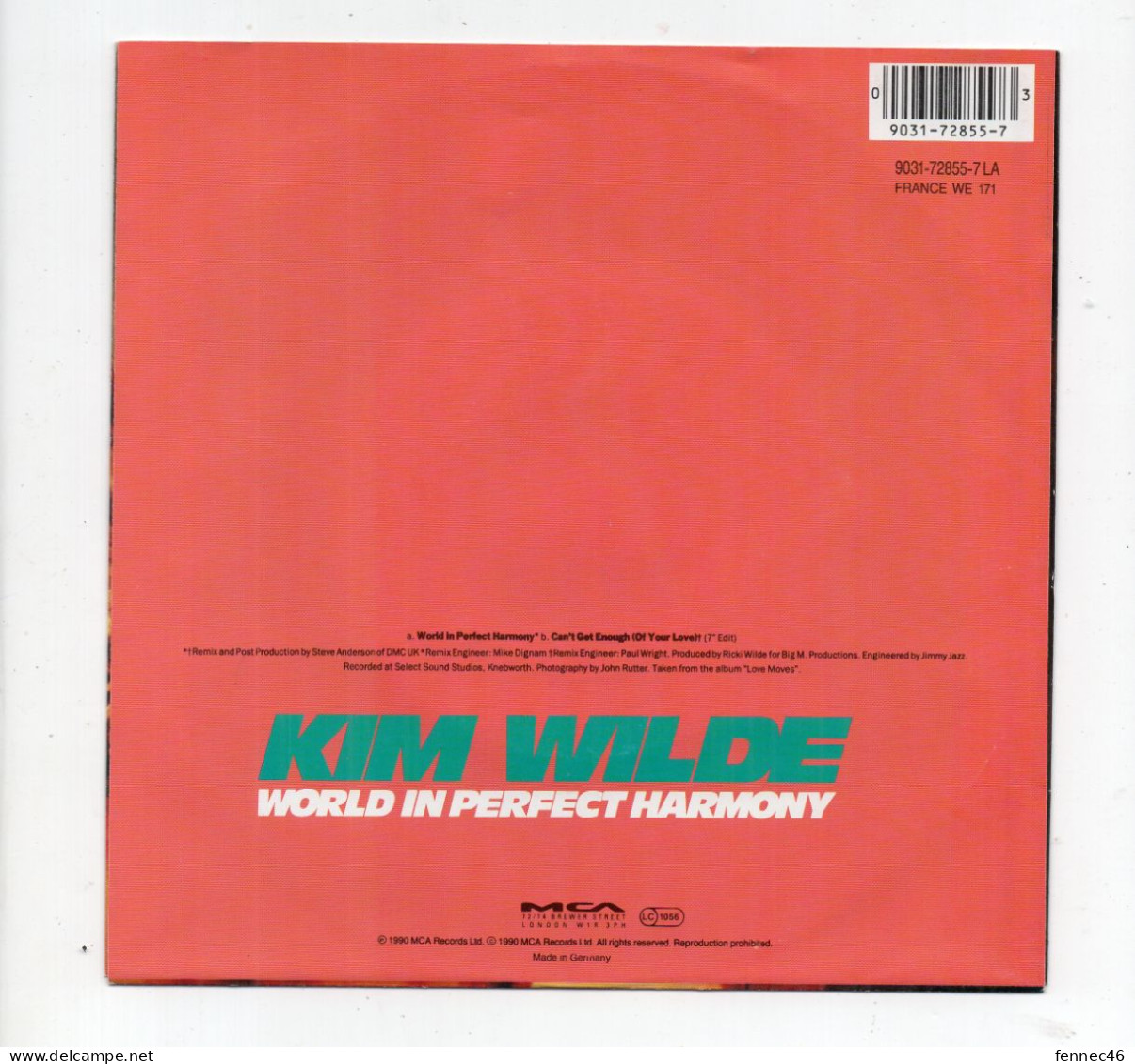 * Vinyle  45T - Kim Wilde - World In Perfect Harmony - Can't Get Enough (Of Your Love) - Altri - Inglese