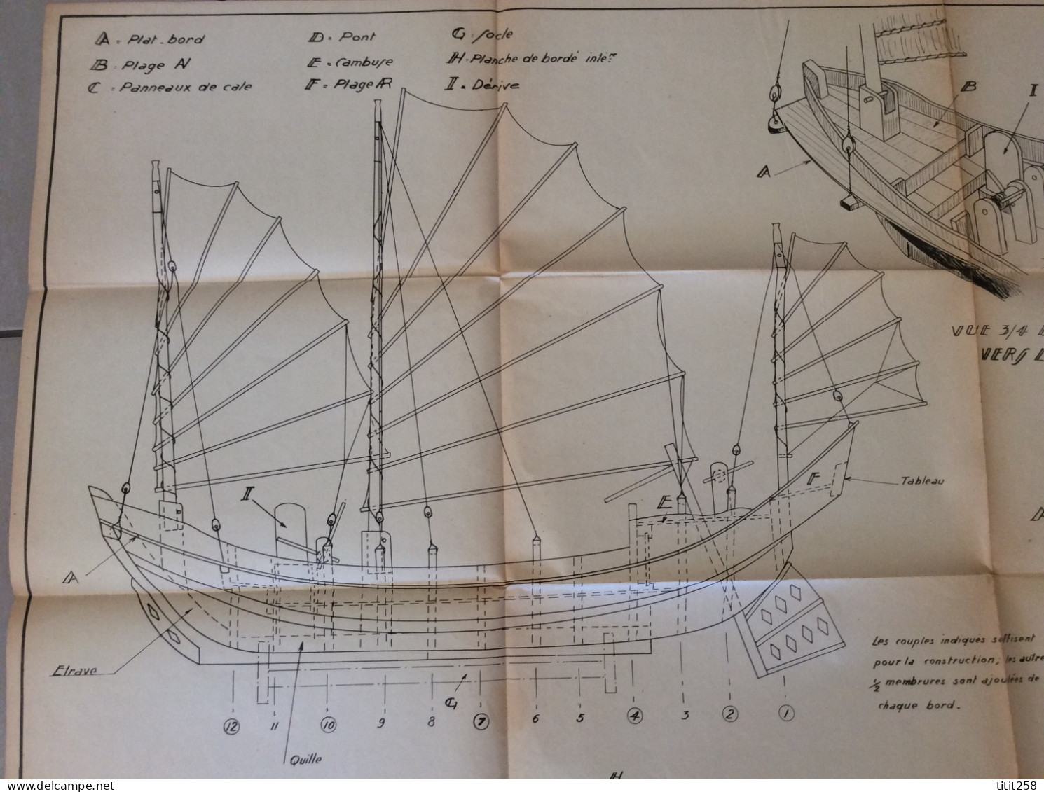 Ancien Grand Plan MRB Maquette ( Bateau ) JONQUE De La Baie D'along Vietnam Indochine - Altri Disegni