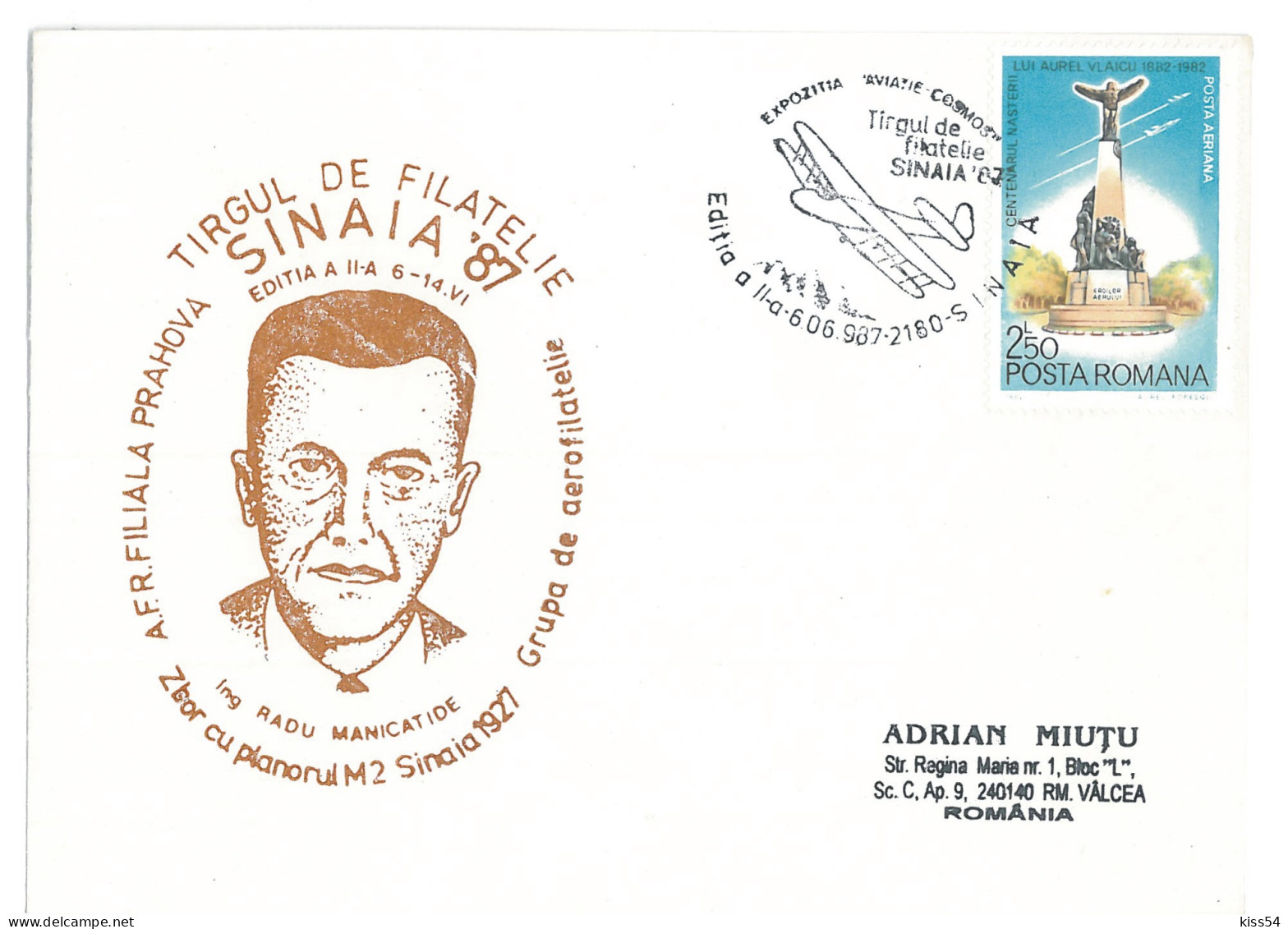 COV 82 - 349 AIRPLANE, Sinaia, Romania - Cover - Used - 1987 - Covers & Documents