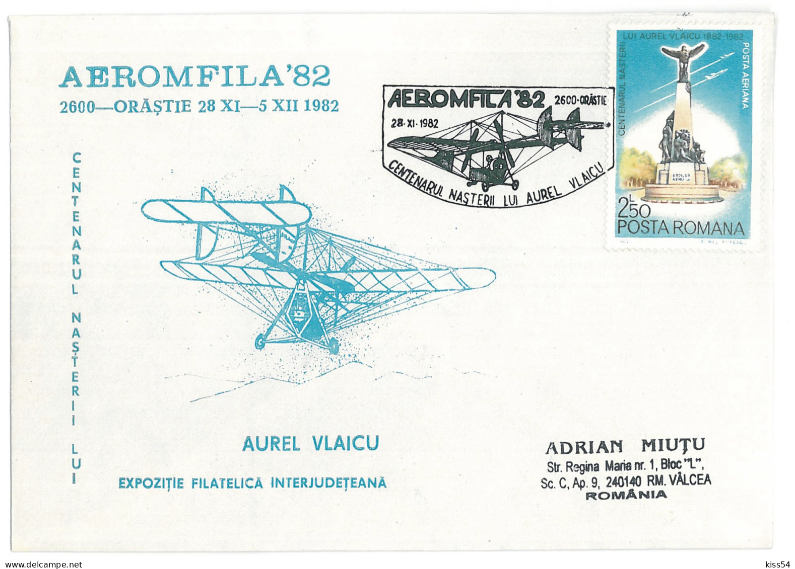 COV 82 - 223 AIRPLANE, Aurel Vlaicu, Orastie, Romania - Cover - Used - 1982 - Brieven En Documenten