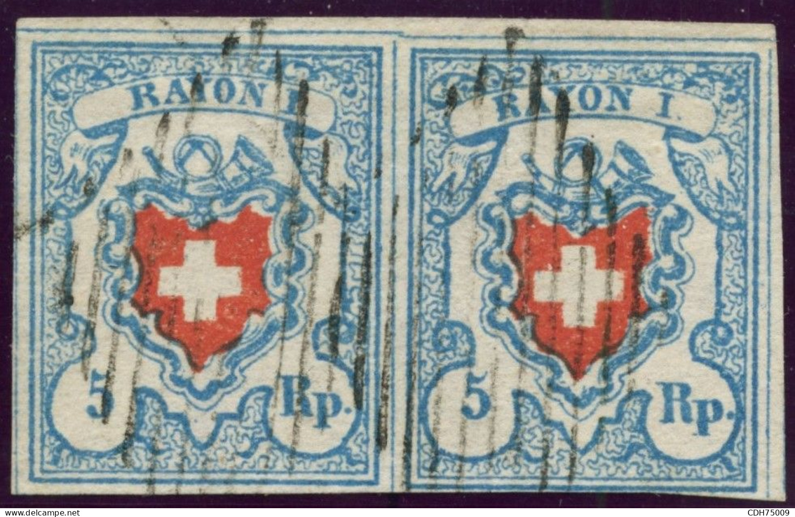 SUISSE - SBK 17II  5 RAPPEN BLEU CROIX NON ENCADREE PAIRE POSITION 5 ET 6 - OBLITEREE - 1843-1852 Timbres Cantonaux Et  Fédéraux