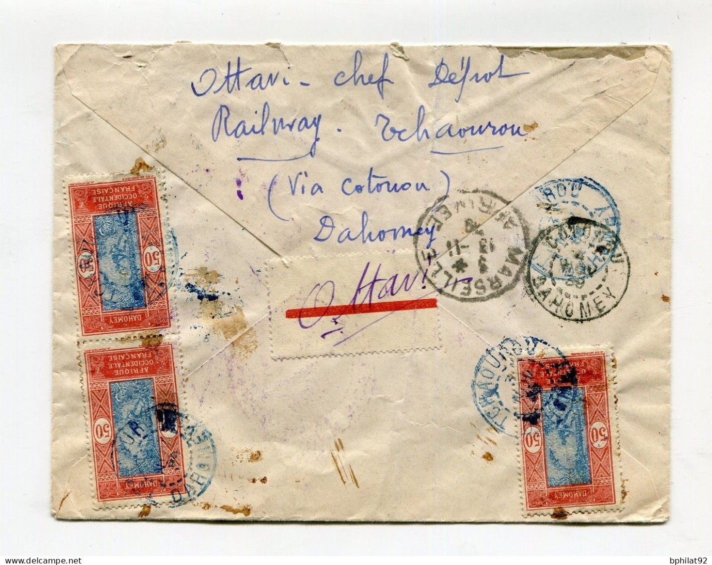 !!! DAHOMEY, LETTRE RECO PAR AVION DE TCHAOUROU POUR LA FRANCE DE 1939 AVEC CENSURE - Lettres & Documents