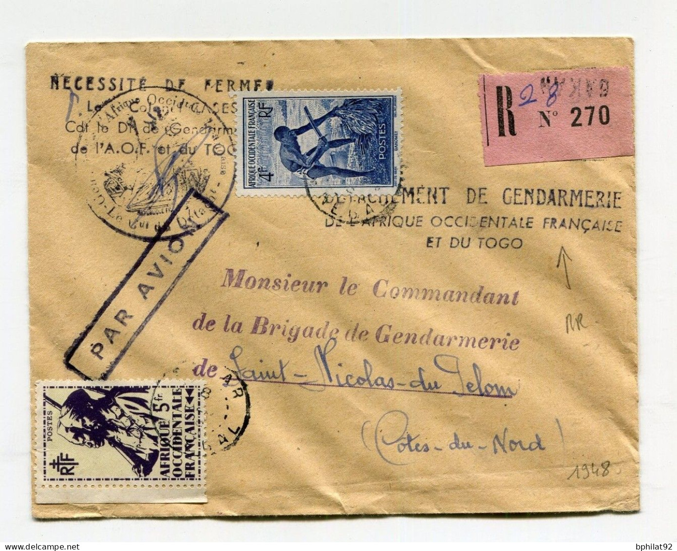 !!! LETTRE RECO DE 1948 AVEC RARE CACHET "DETACHEMENT DE GENDARMERIE DE L'AOF ET DU TOGO" - Covers & Documents