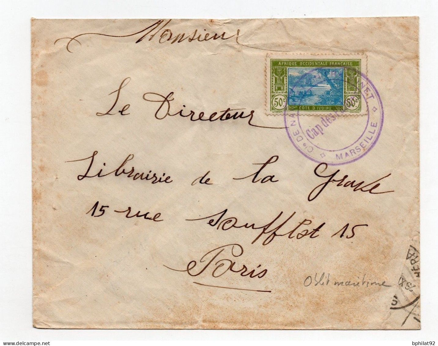 !!! COTE D'IVOIRE, LETTRE DE 1936 POUR PARIS AVEC CACHET MARITIME CAP DES PALMES - Briefe U. Dokumente