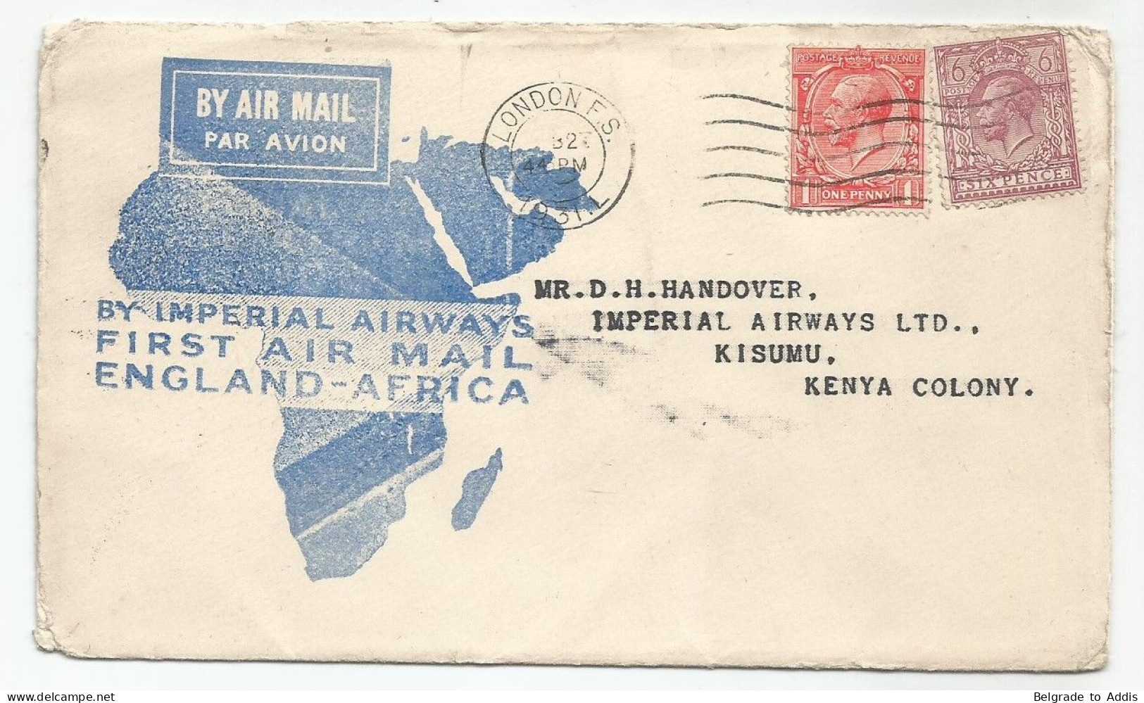 Great Britain Cover First Air Mail England - Africa Imperial Airways Kenya Kisumu 1931 - Covers & Documents