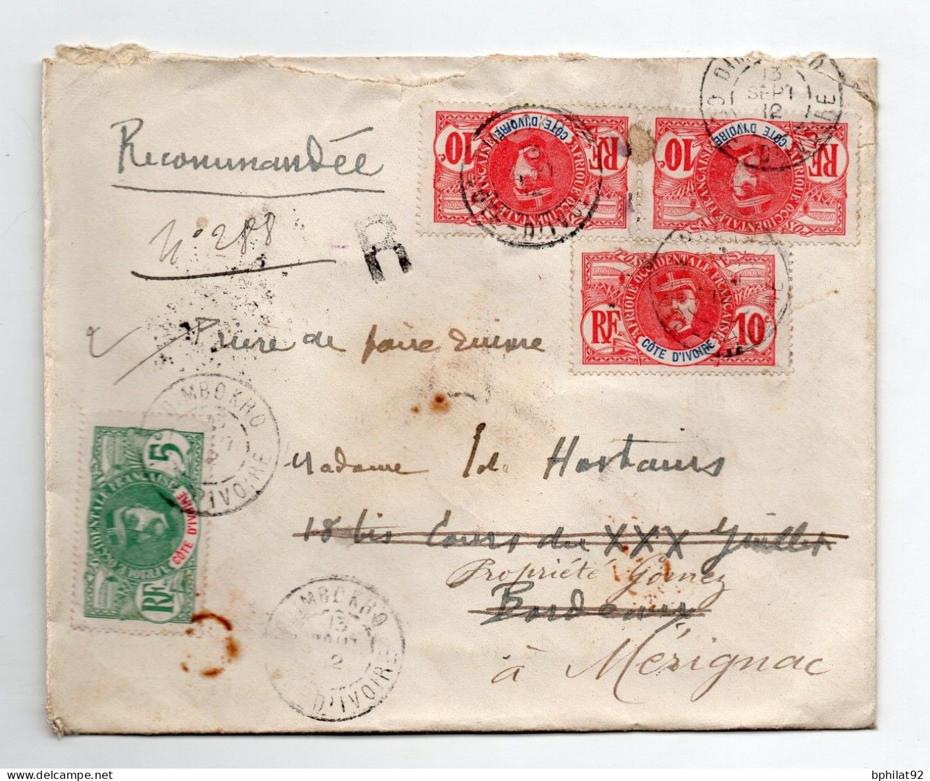 !!! COTE D'IVOIRE, LETTRE RECOMMANDEE DE DIMBOKRO POUR BORDEAUX DE 1912 - Lettres & Documents