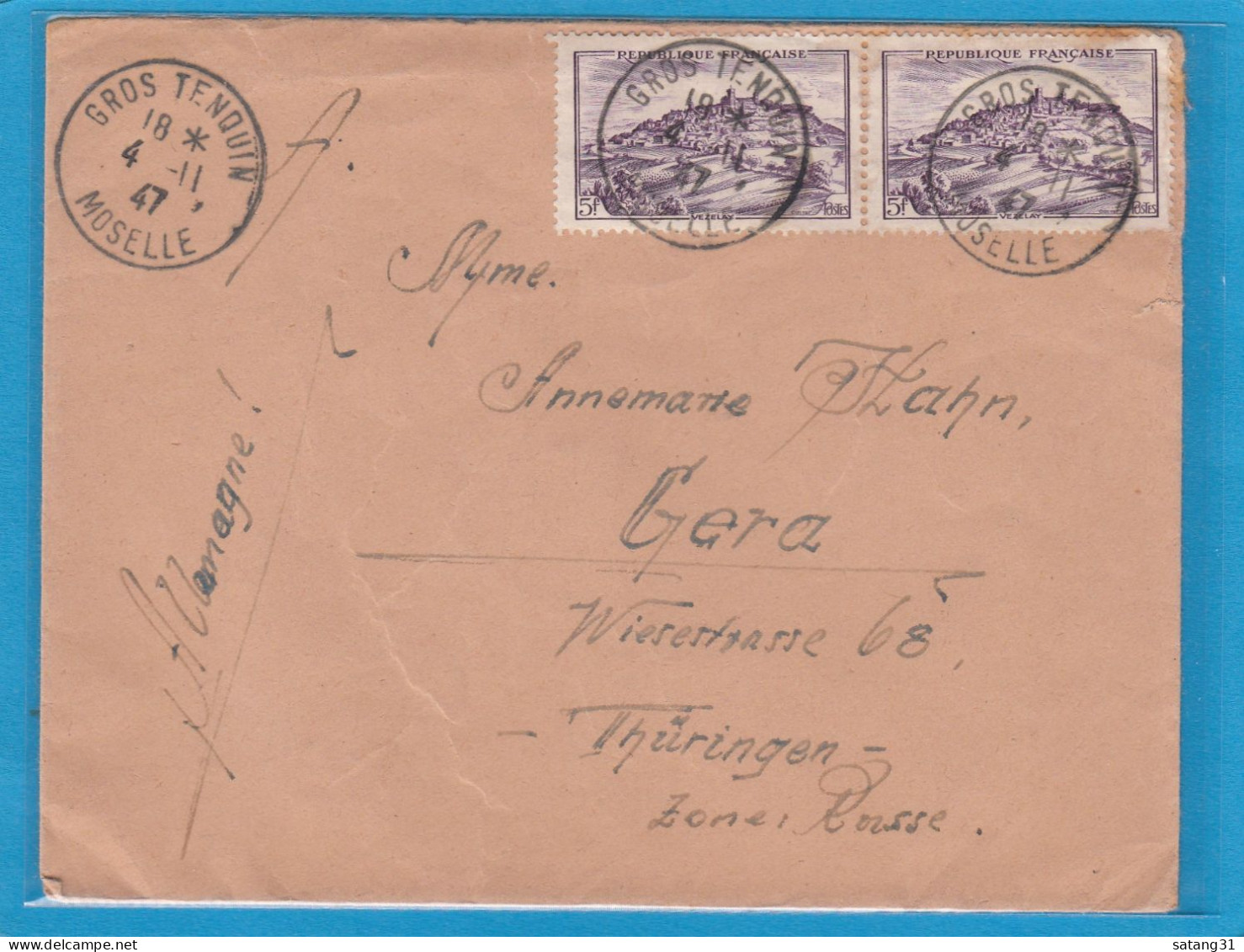 LETTRE DE GROS TENQUIN POUR GERA, ALLEMAGNE,1947. - Lettres & Documents