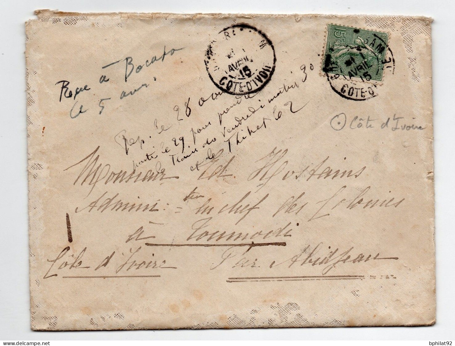 !!! COTE D'IVOIRE, 15C SEMEUSE LIGNEE SUR LETTRE DE 1915 CACHET DE GRAND BASSAM POUR TOUMODI - Briefe U. Dokumente