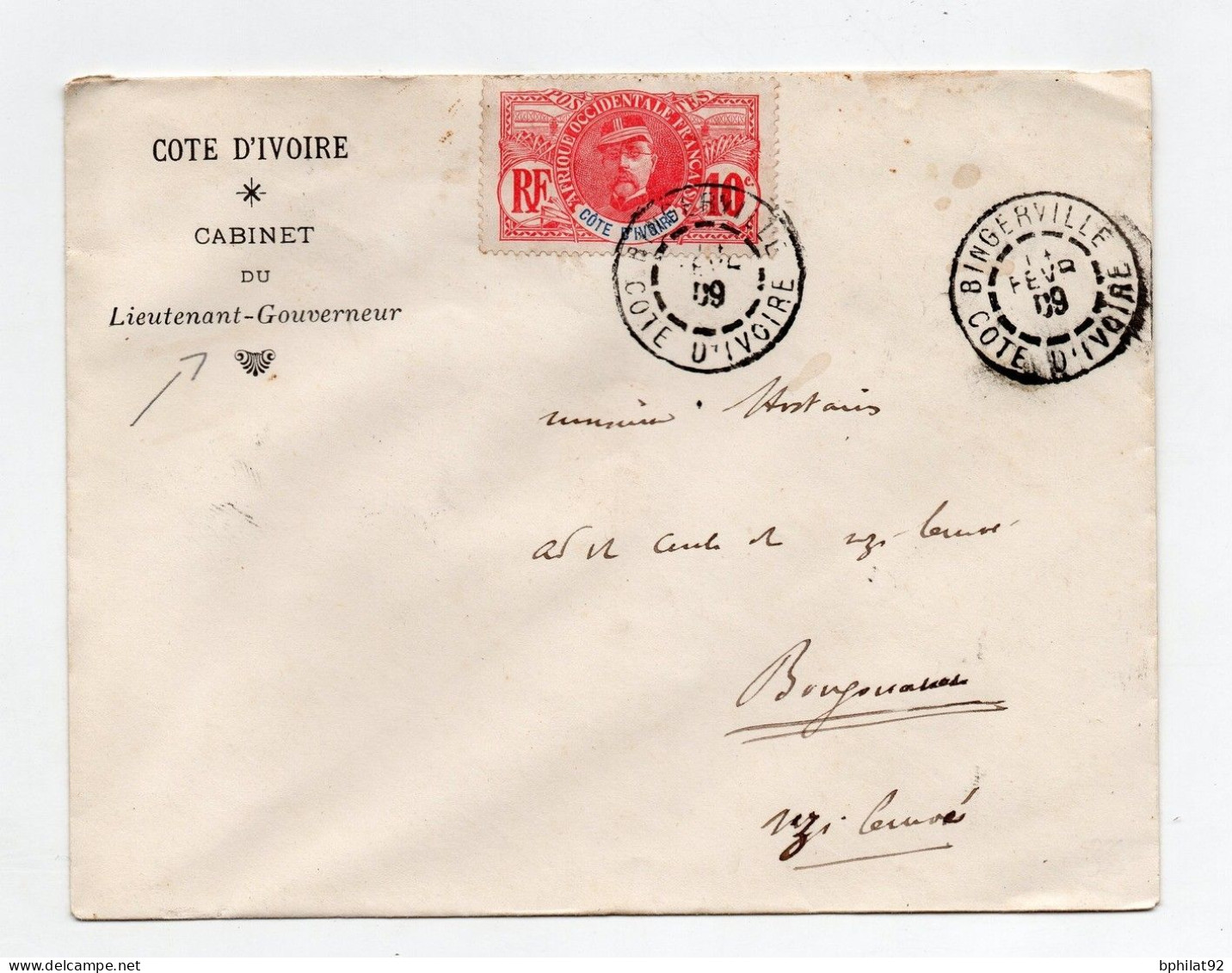 !!! COTE D'IVOIRE, LETTRE DE BINGERVILLE DE 1909, A EN-TETE DU CABINET DU LIEUTENANT-GOUVERNEUR, POUR BOUGOUANOU - Lettres & Documents