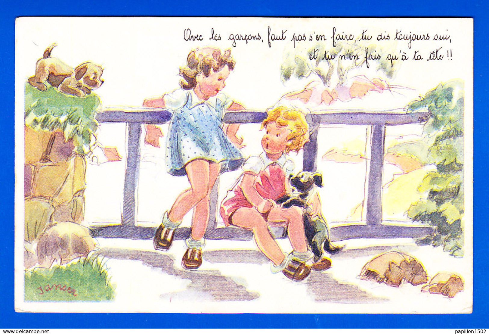 Illust-1010P114  Fillettes Qui Discutent Ensemble, 2 Chiens, BE - Janser