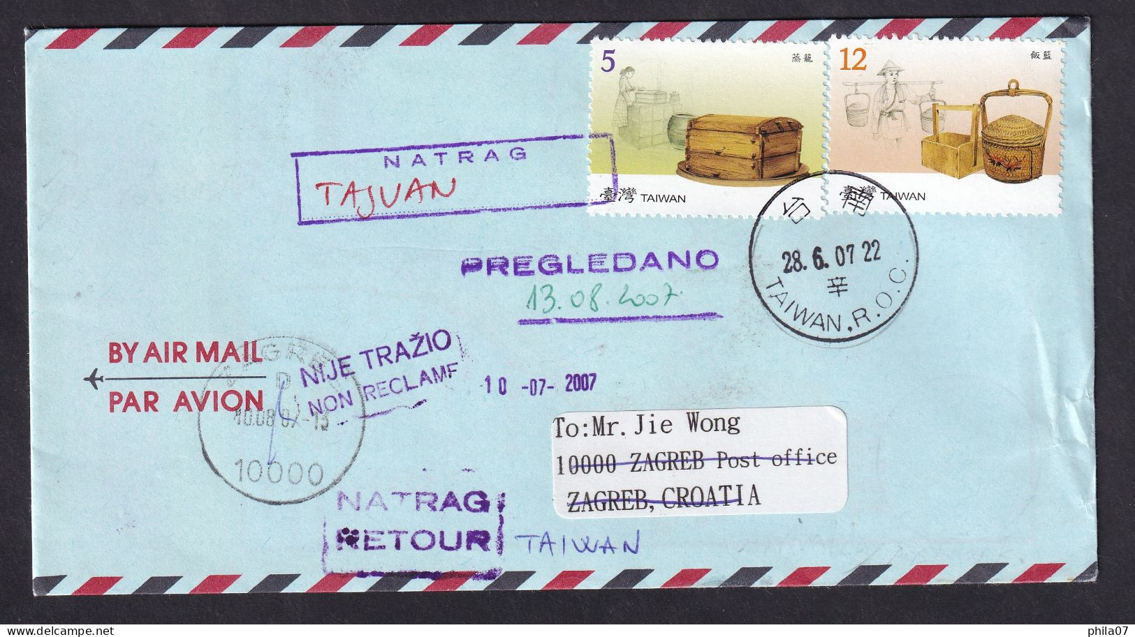 TAIWAN Envelope Sent Via Air Mail From Taiwan To Zagreb And Returned To Taiwan, Not Reclamed - Cancel On Envelope/2scans - Briefe U. Dokumente