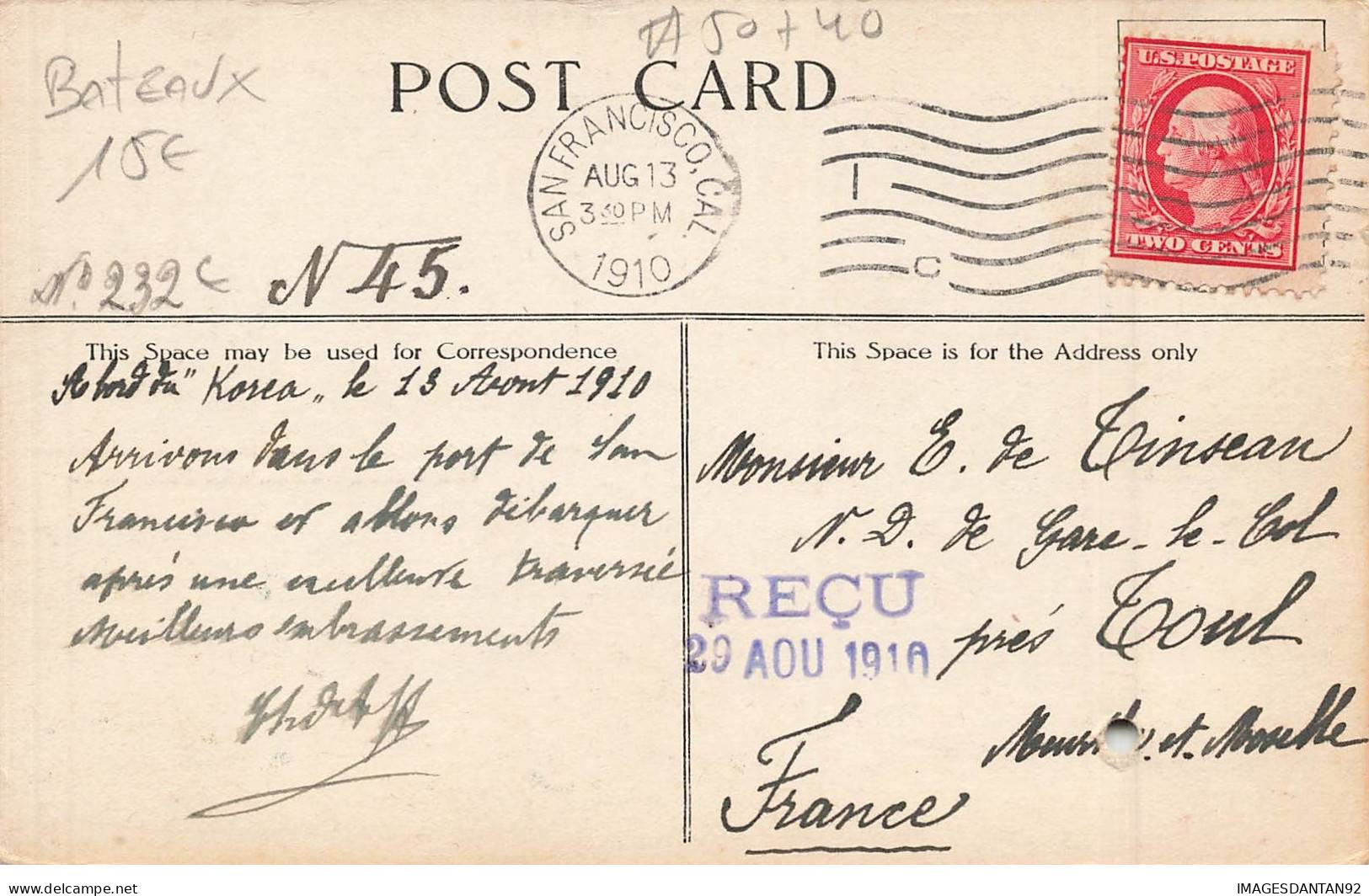 BATEAU #FG50740 BOAT ON BOARD SS KOREA COREE COREA PACIFIC MAIL STEAMSHIP VERS SAN FRANCISCO 1910 - Fähren