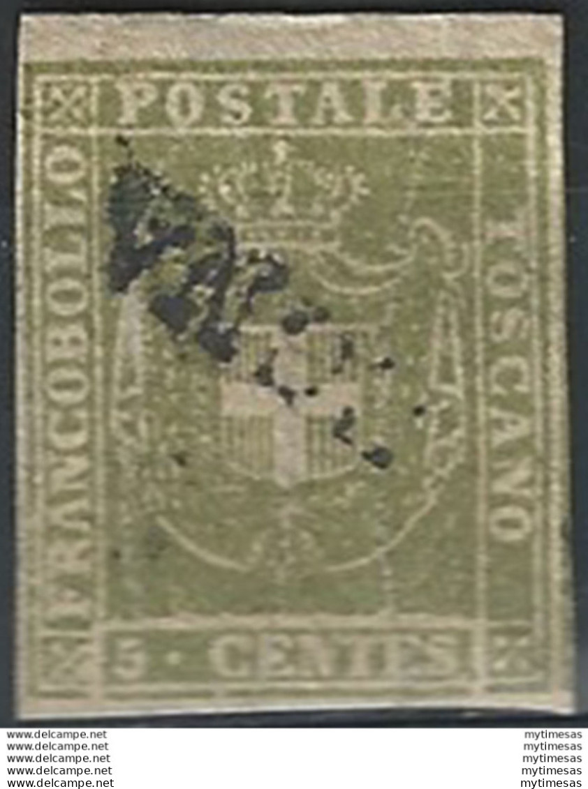 1860 Toscana 5c Verde Oliva Giallastro Cancelled Sassone N. 18b - Toscane