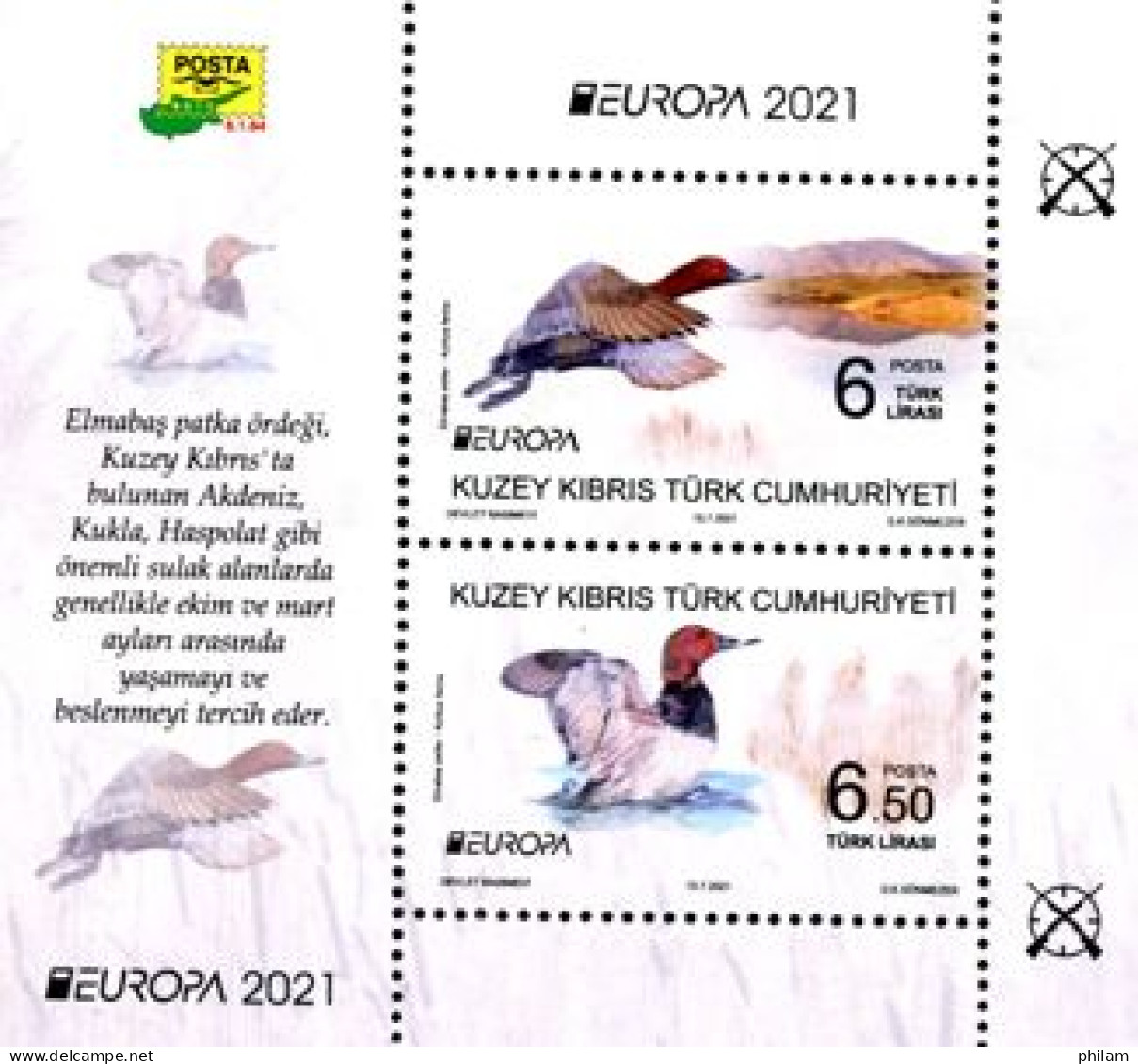 Chypre Turc 2021 - Europa - Faune Menacée - Canards Sauvages - 1 BF - Nuovi