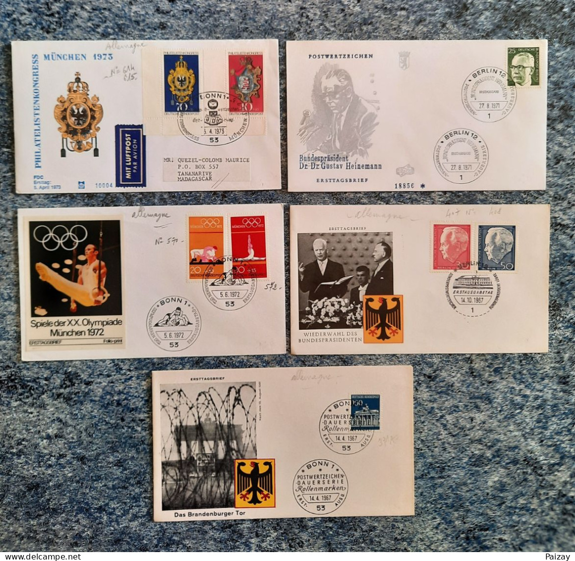 5 FDC Allemagne Munich JO 72 Berlin Bonn Timbre N° 614 et 615, 572 et 573, 689, 407 et 408, 371 A