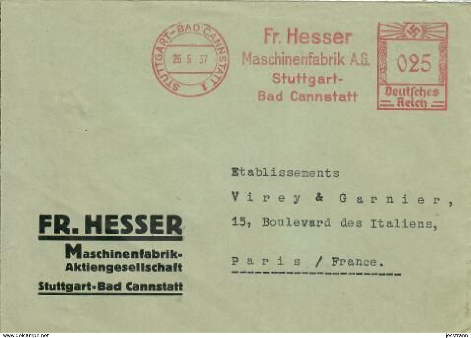 ALLEMAGNE- EMA- FR. HESSER- STUTTGART-BAD CANNSTATT- 1937- MASCHINENFABRIK-AKTIENGESELLSCHAFT - Machines à Affranchir (EMA)