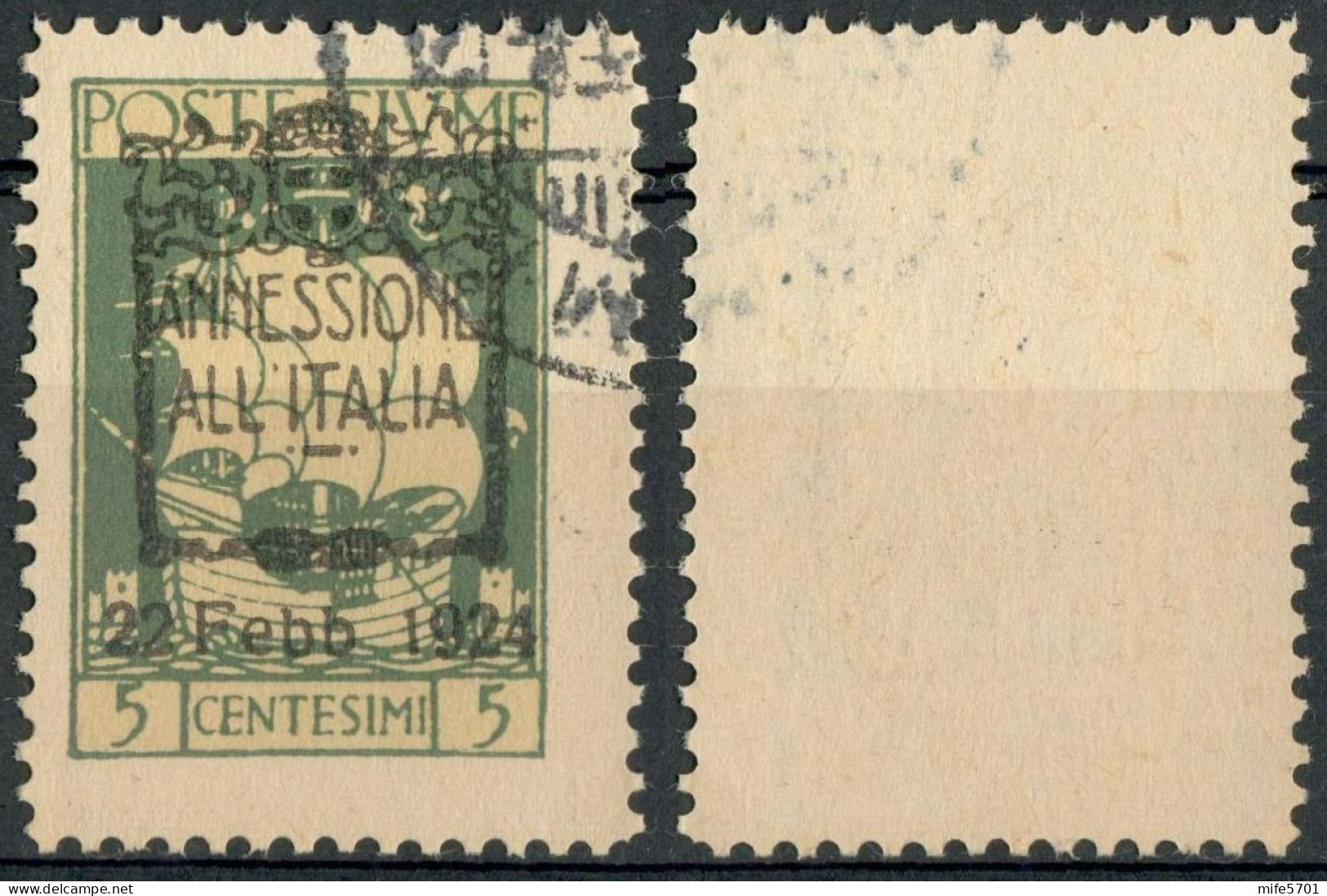 REGNO / FIUME 1924 FRANCOBOLLO SOPRASTAMPATO 'ANNESSIONE ALL'ITALIA 22 Febb 1924' C. 5 - USATO SASSONE 214 - Fiume