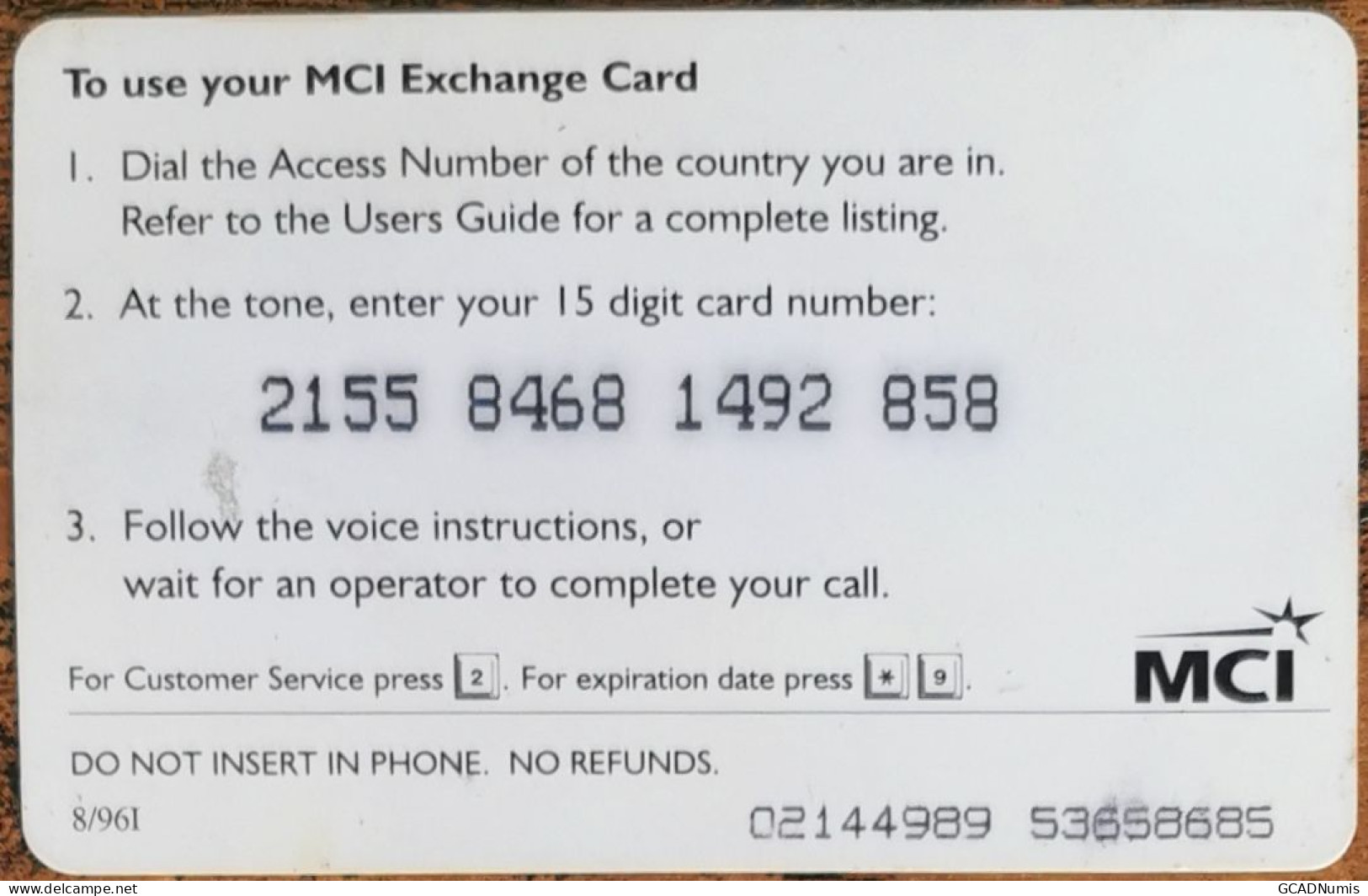 Carte De Recharge - MCI Exchange Card  USA 1995 ~49 - Autres & Non Classés