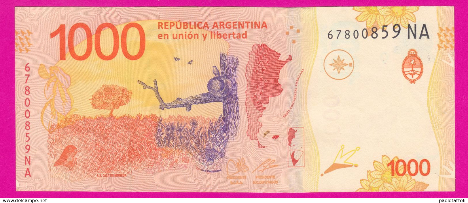 Argentina , 2020-2022- Suffix 59NA- 1000 Pesos. Obverse Hornero, National Bird. Reverse Pampa. - Argentinië