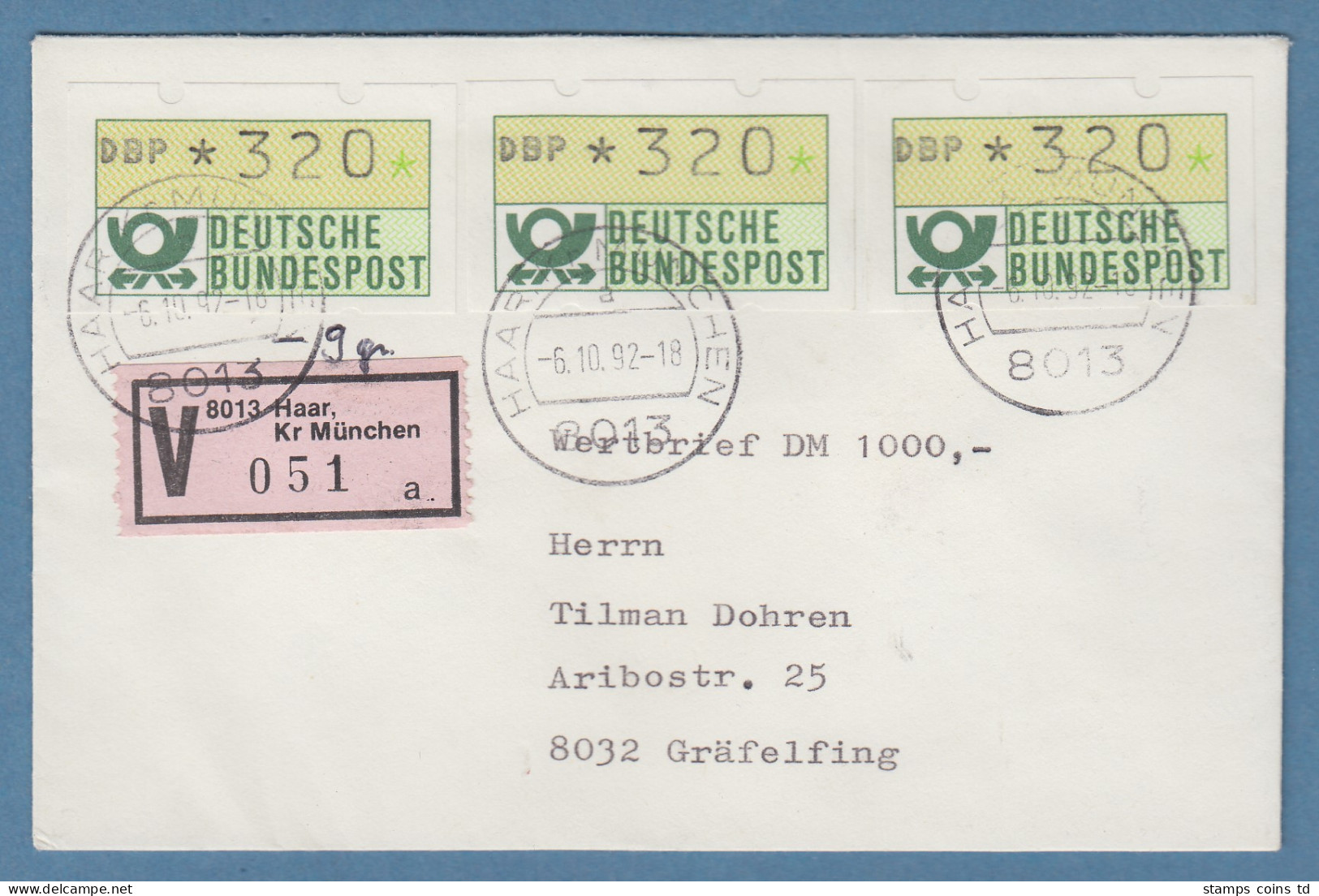 NAGLER-ATM Mi-Nr 1.2 Wert 320 3x Als MEF Auf Wertbrief Gel. Ab HAAR 6.10.92 - Machine Labels [ATM]