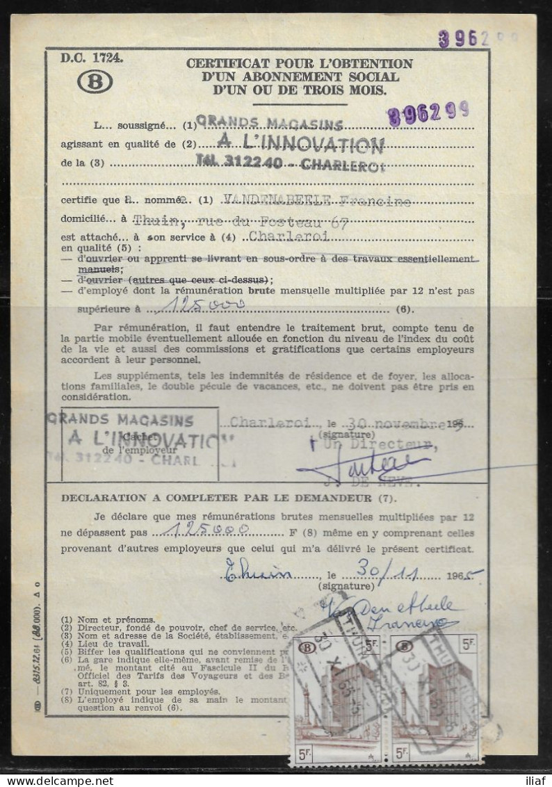 Belgium Parcel Stamps Sc. Q348 On Document DC1724 “Certificate For Obtaining A Social Subscription" Tuin-Nord 30.11.65. - Documents & Fragments