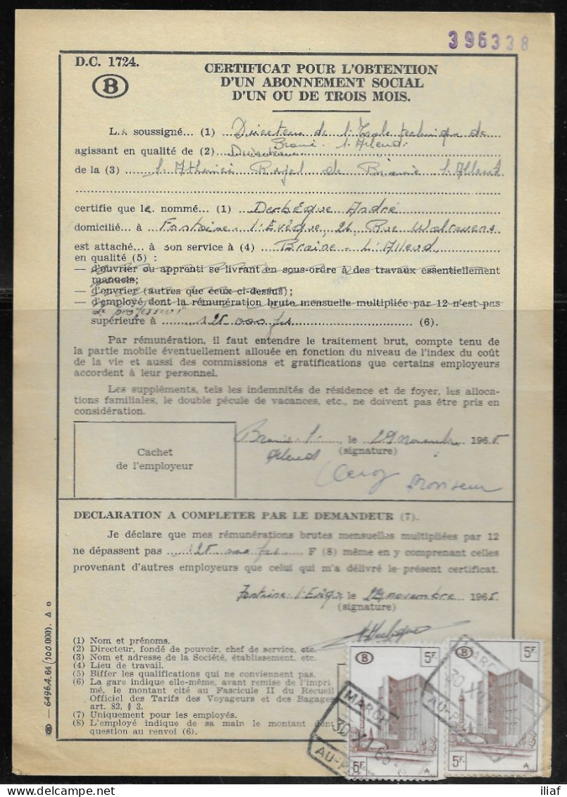 Belgium Parcel Stamps Sc. Q348 On Document DC1724 “Certificate For Obtaining A Social Subscription" Marchienne-au-Pont - Documenten & Fragmenten