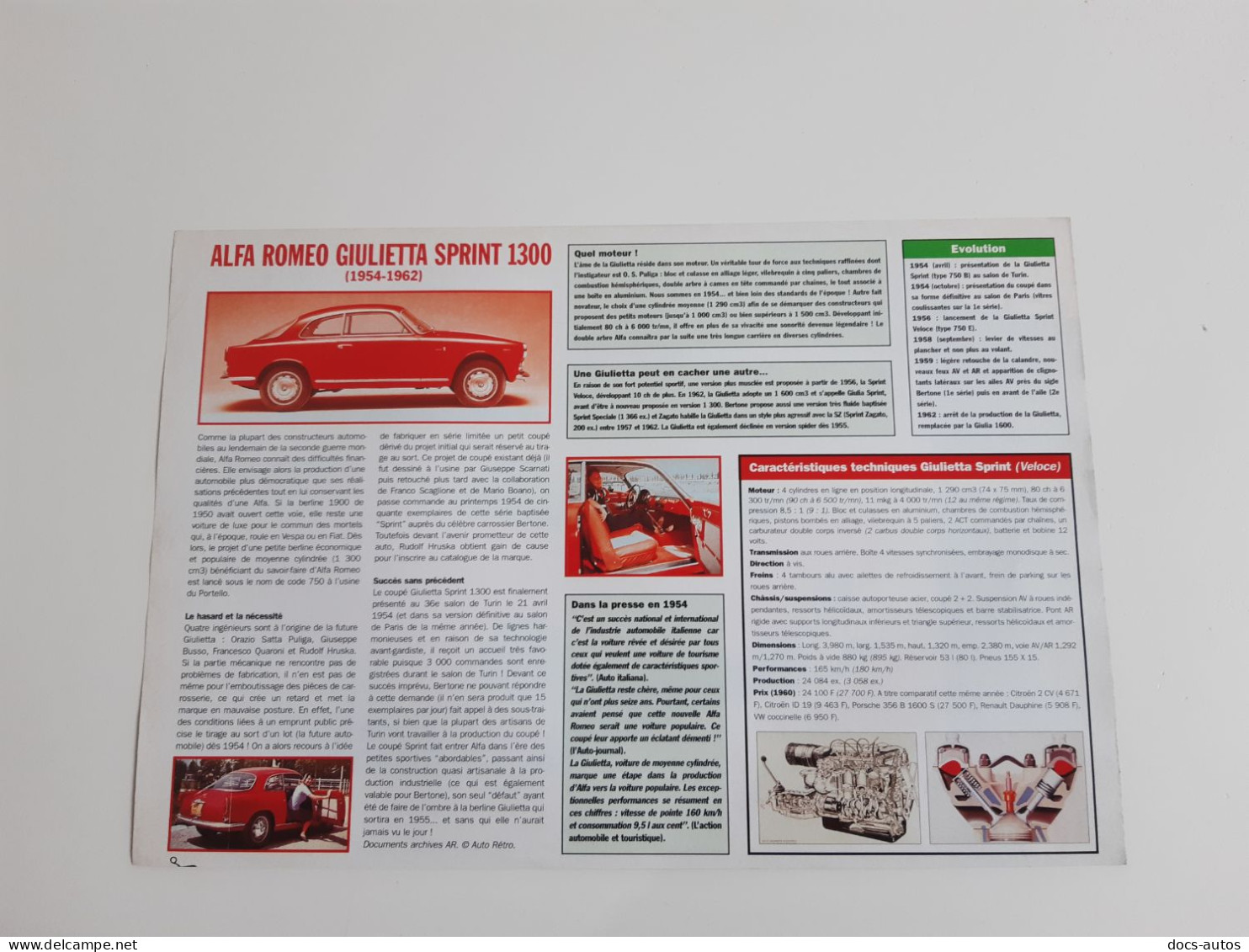 Fiche Technique Automobile Alfa Rommeo Giulietta Sprint 1300 - Cars