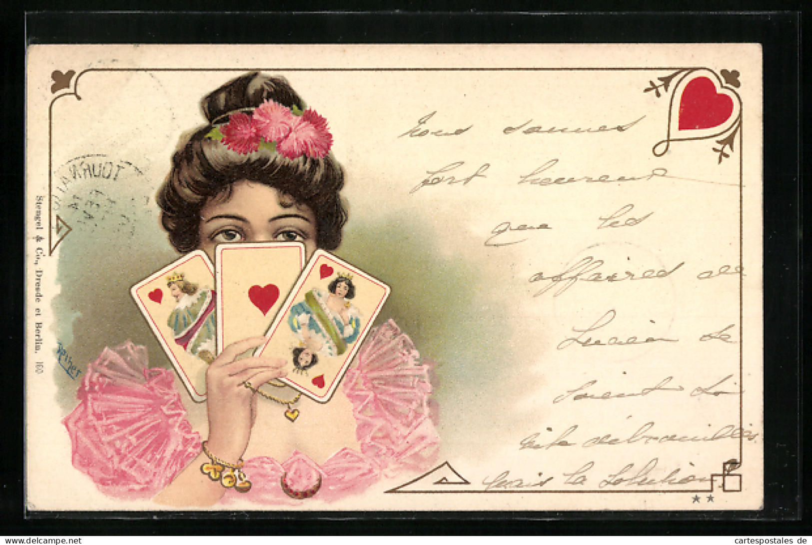 Künstler-AK Herz-Dame Verbirgt Ihr Gesicht Hinter Spielkarten  - Playing Cards