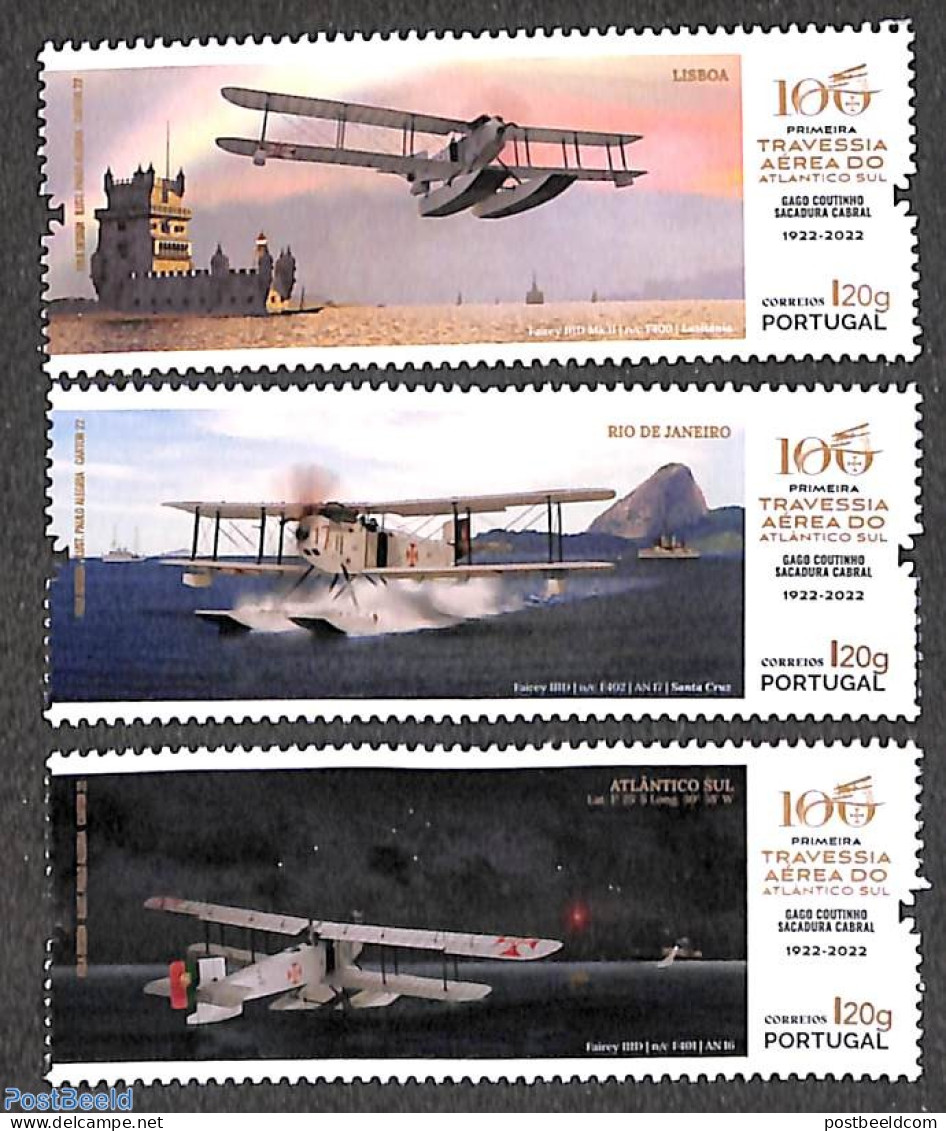 Portugal 2022 First South Atlantic Air Traverse 3v, Mint NH, Transport - Aircraft & Aviation - Unused Stamps