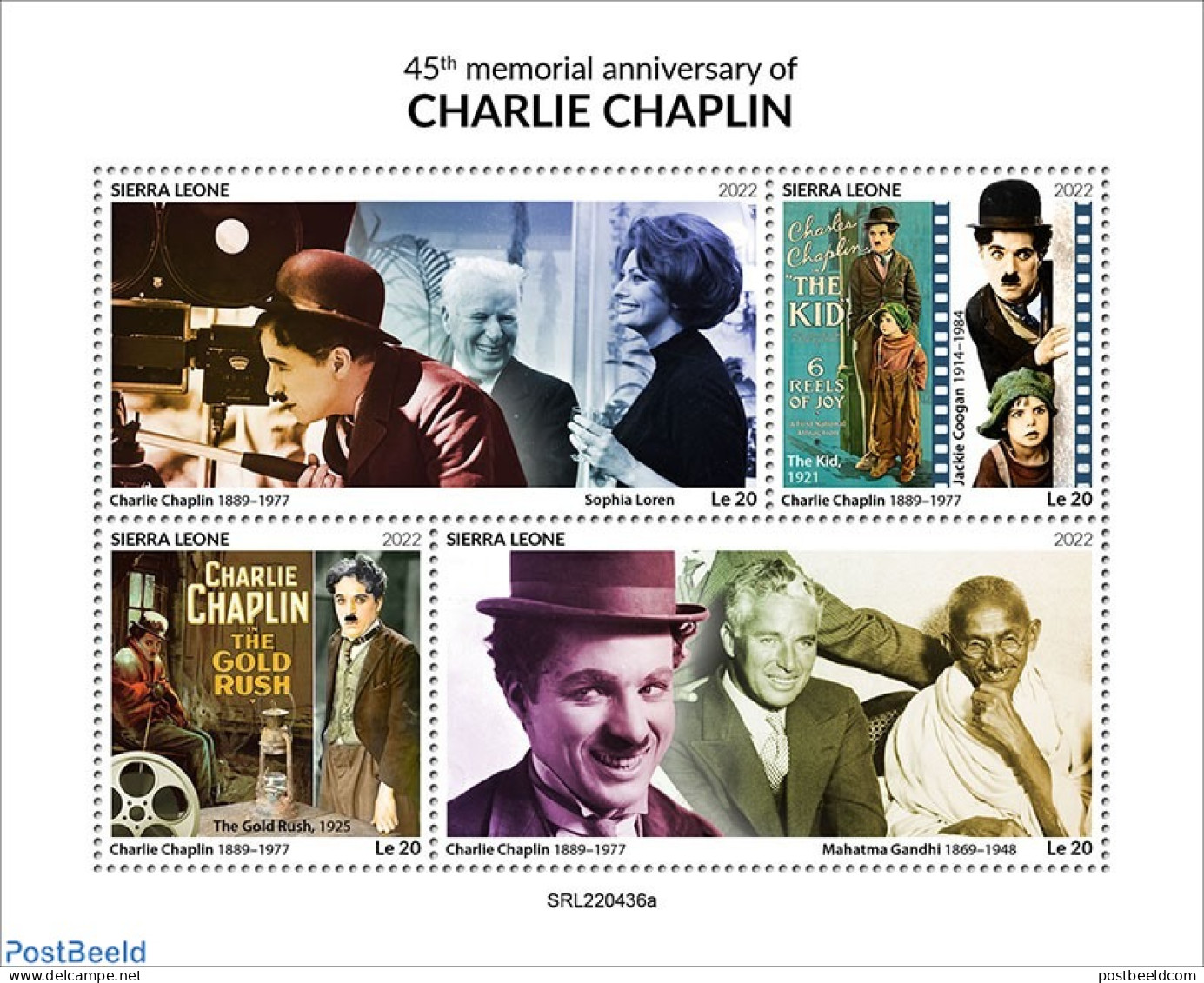 Sierra Leone 2022 45th Memorial Anniversary Of Charlie Chaplin, Mint NH, History - Performance Art - Gandhi - Movie St.. - Mahatma Gandhi