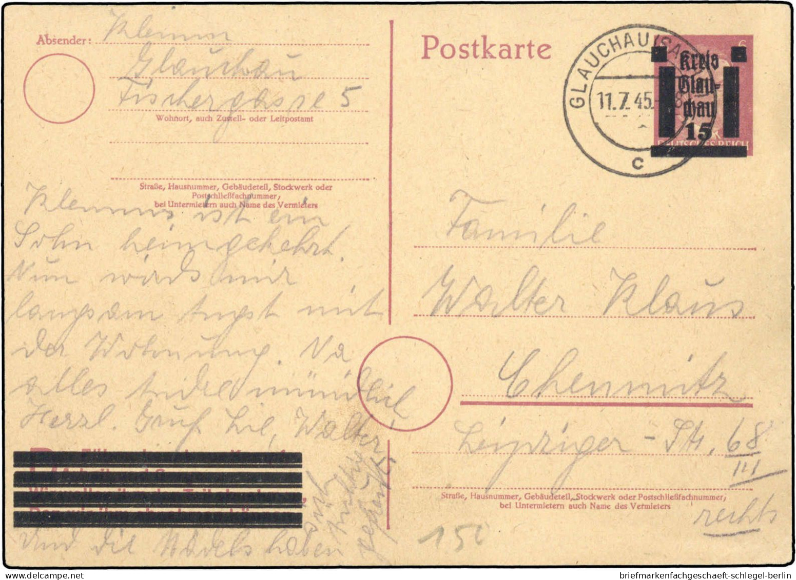Deutsche Lokalausg. Glauchau, 1945, PB 893 II, Brief - Other & Unclassified