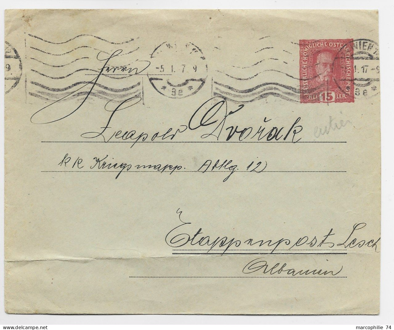 AUSTRIA 15 HELLER ENVELOPPE COVER MEC WIEN 1917  REPIQUAGE FREISCHBERGER TO ALBANIEN - Omslagen