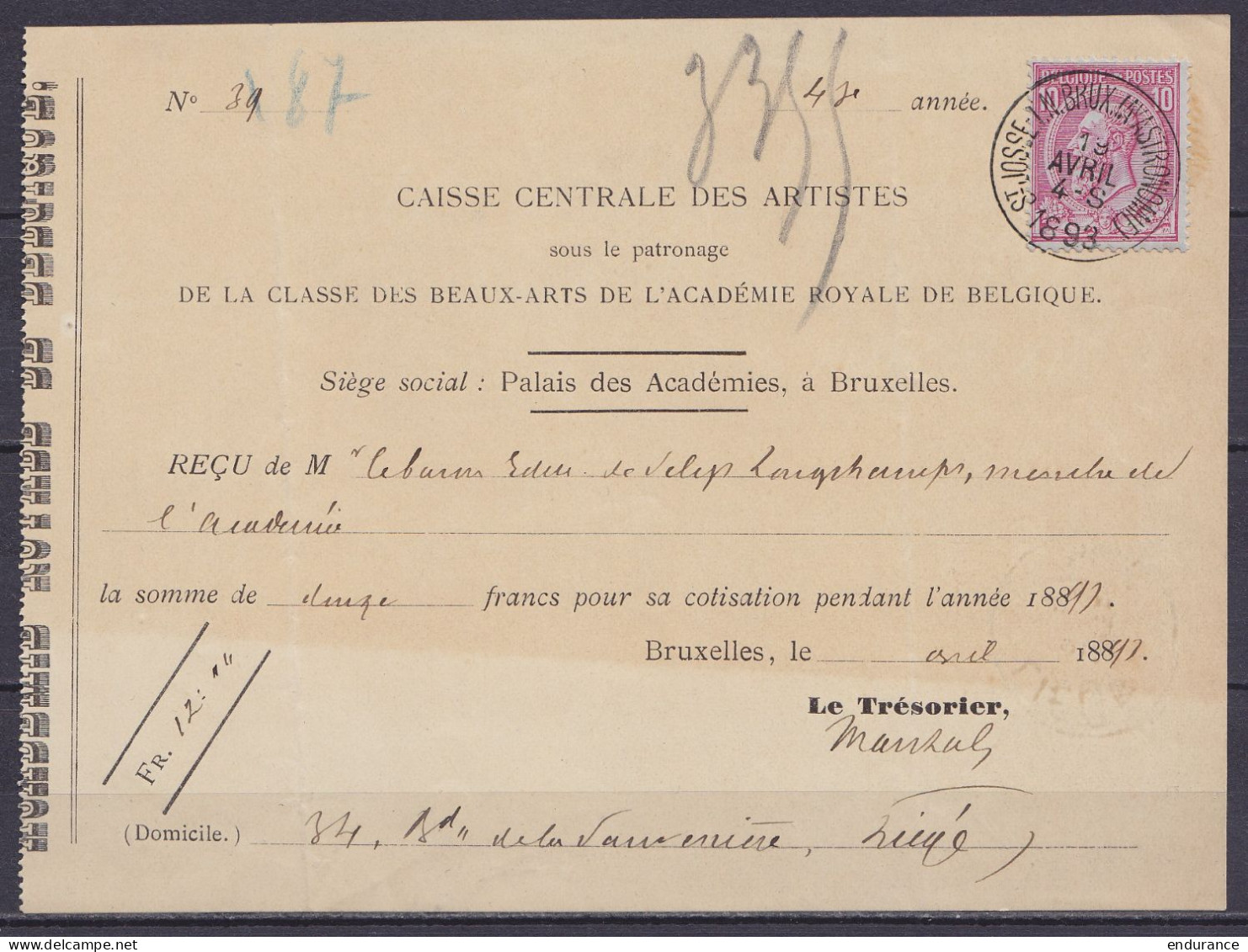 Reçu "Caisse Centrale Des Artistes - Palais Des Académies" Affr. N°46 Càd "ST-JOSSE-T.N. BRUX. (AV.ASTRONOMIE) /19 AVRIL - 1884-1891 Leopold II