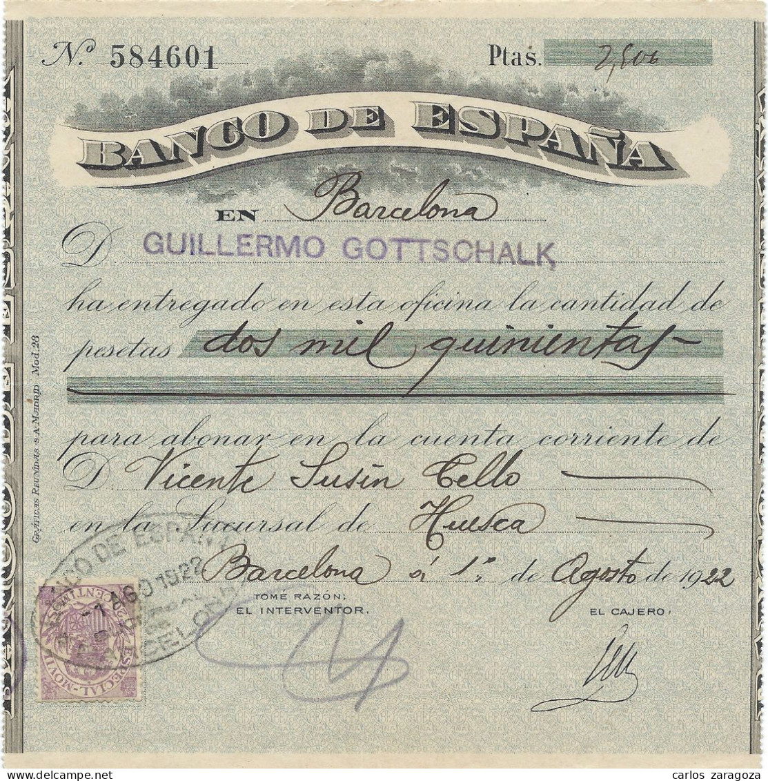 1922 BANCO DE ESPAÑA — Antiguo Documento Bancario — Sello Fiscal ESPECIAL MOVIL - Steuermarken