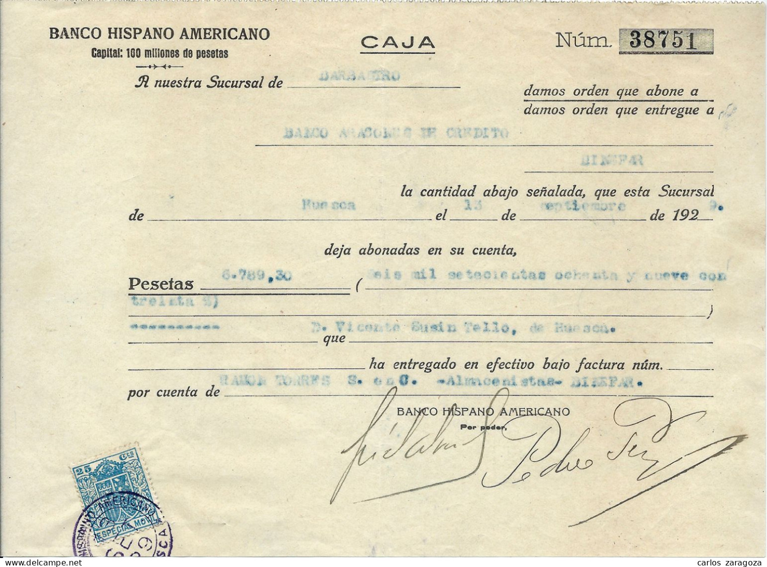 1922 BANCO HISPANO AMERICANO — Antiguo Documento Bancario — Timbre Fiscal ESPECIAL MOVIL - Revenue Stamps