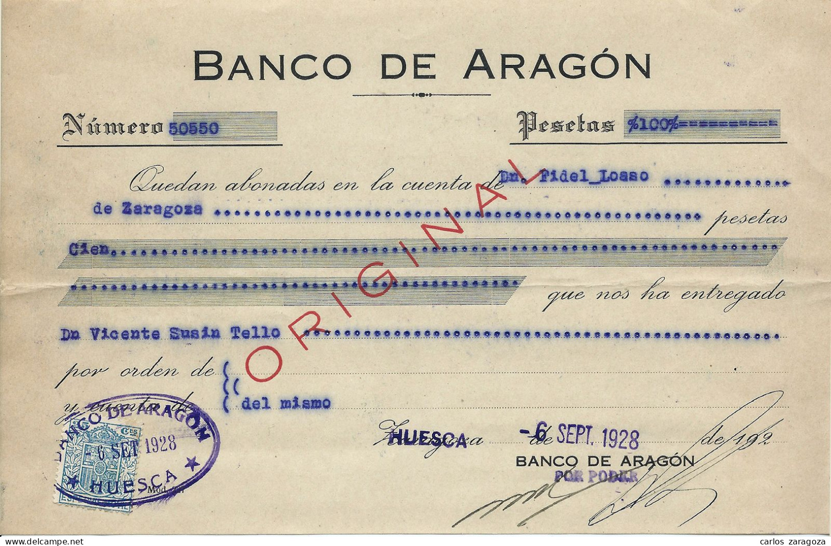 1922 BANCO DE ARAGÓN — Antiguo Documento Bancario — Timbre Fiscal ESPECIAL MOVIL 25c - Steuermarken