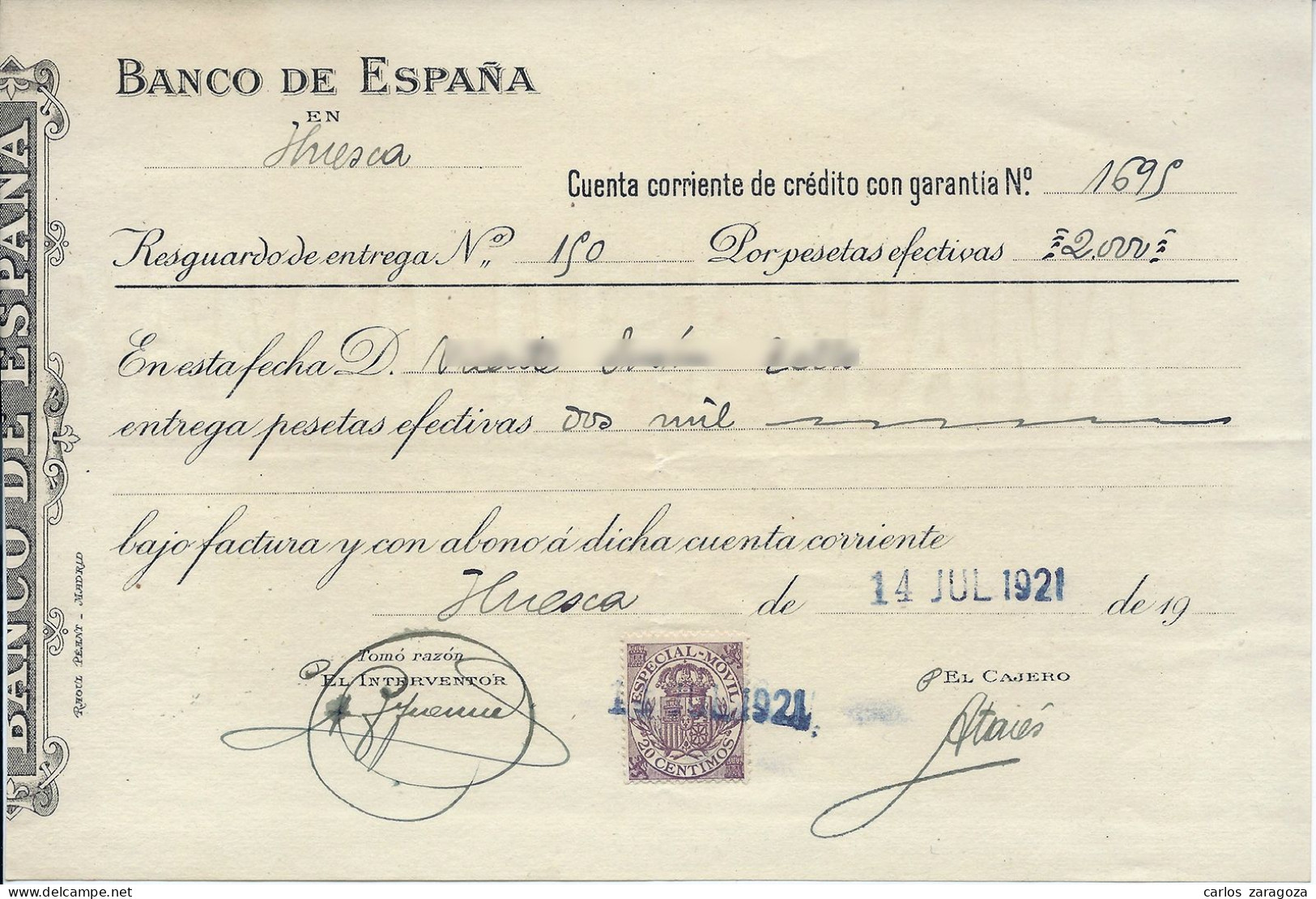 1921 BANCO DE ESPAÑA — Antiguo Documento Bancario — Timbre Fiscal ESPECIAL MOVIL 25c - Revenue Stamps