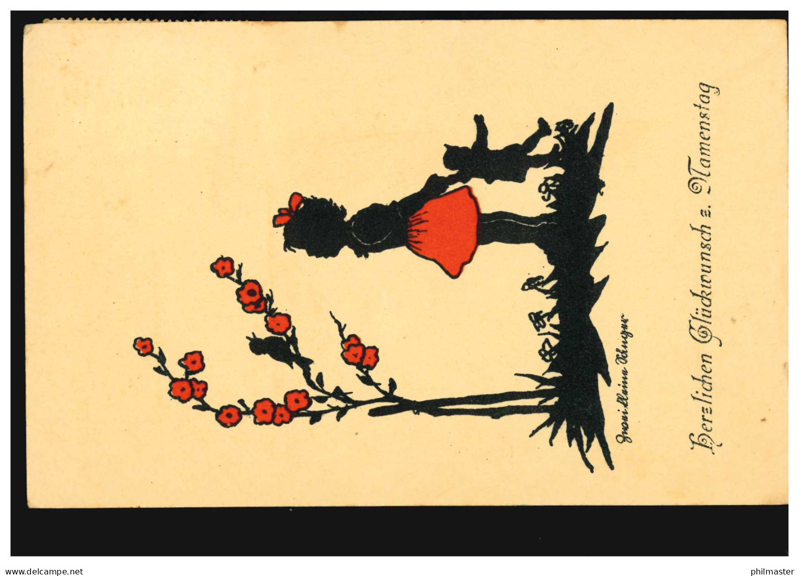 Scherenschnitt-AK Namenstag Mädchen Puppe Blumen Vogel, FREISING 9.3.1945 - Silhouette - Scissor-type