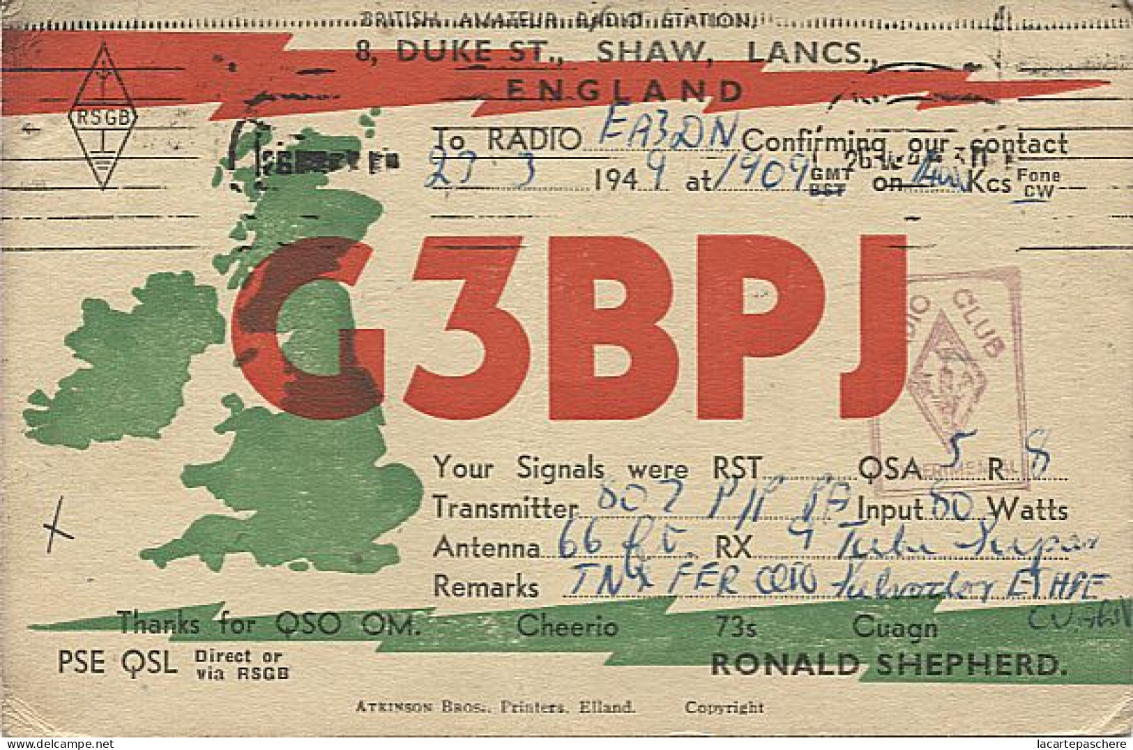 X120934 CARTE QSL RADIO AMATEUR G3BPJ GRANDE BRETAGNE GREAT BRITAIN ANGLETERRE ENGLAND SHAW LANCS. EN 1949 - Radio-amateur