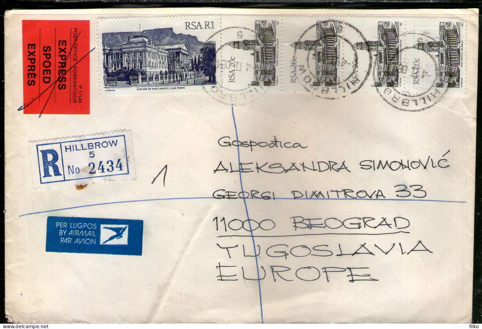 South Africa,1984 RR Letter Cancel Hillbrow,08.03.1984 To Belgrad Yugoslavia ,,as Scan - Brieven En Documenten