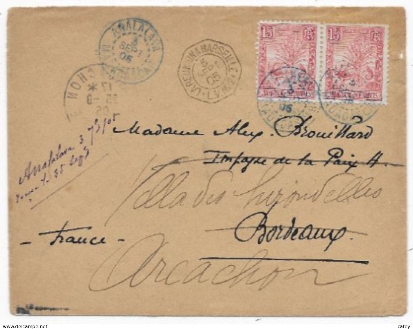 MADAGASCAR  Lettre Càd  ANALALAVA S / Timbres + Maritime LA REUNION A MARSEILLE / L.V.N° 2 1905 - Briefe U. Dokumente