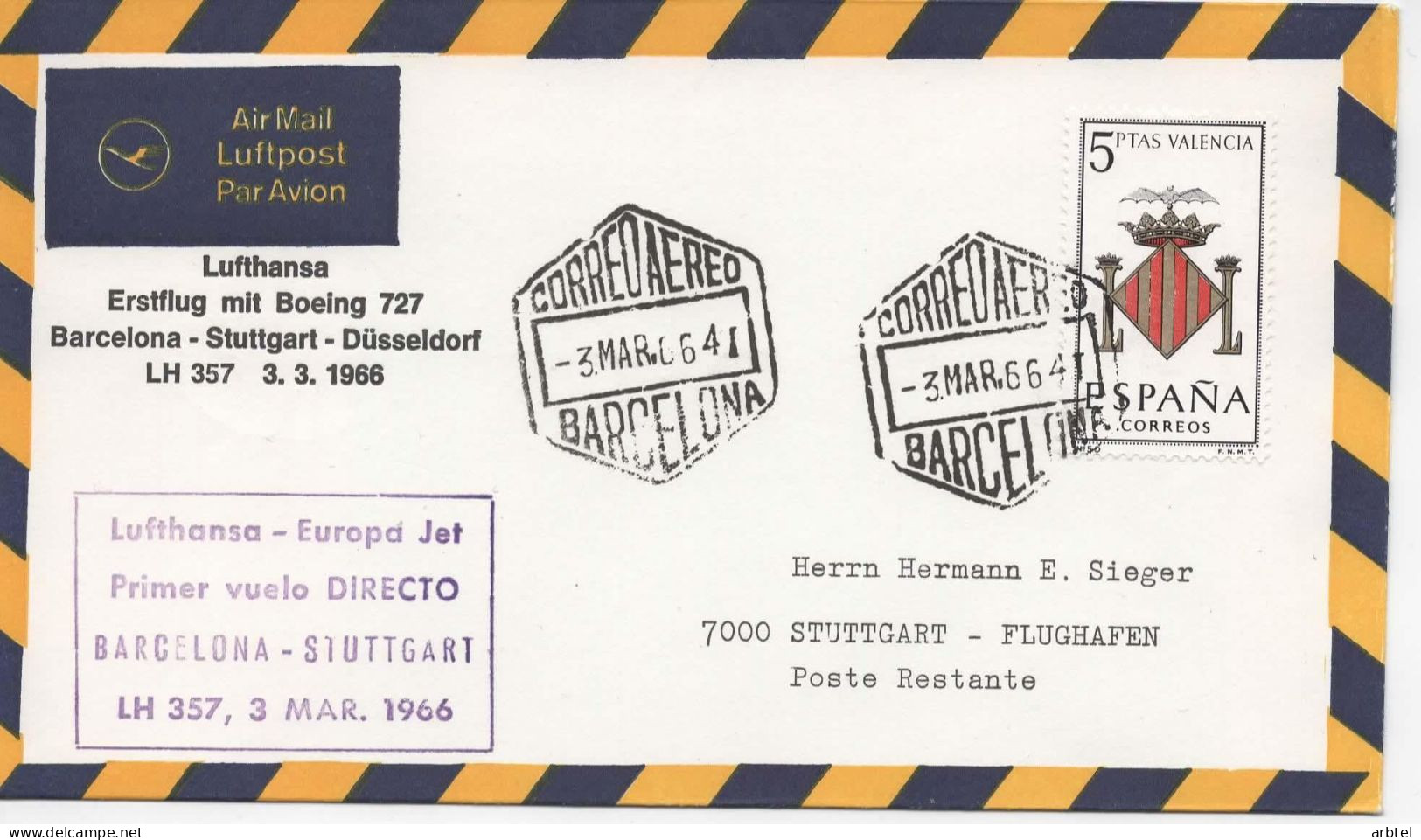 BARCELONA PRIMER VUELO A STUTTGART 1966 LUFTHANSA - Storia Postale