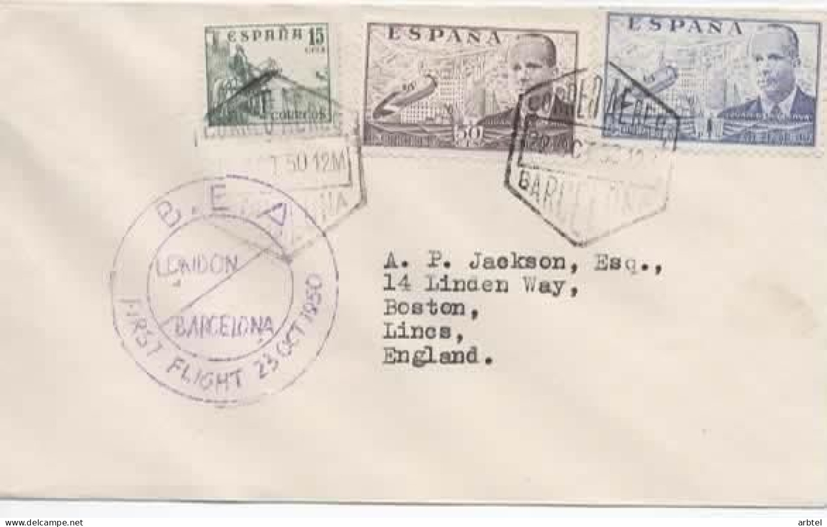 BARCELONA PRIMER VUELO A LONDRES 1950 BEA - Storia Postale