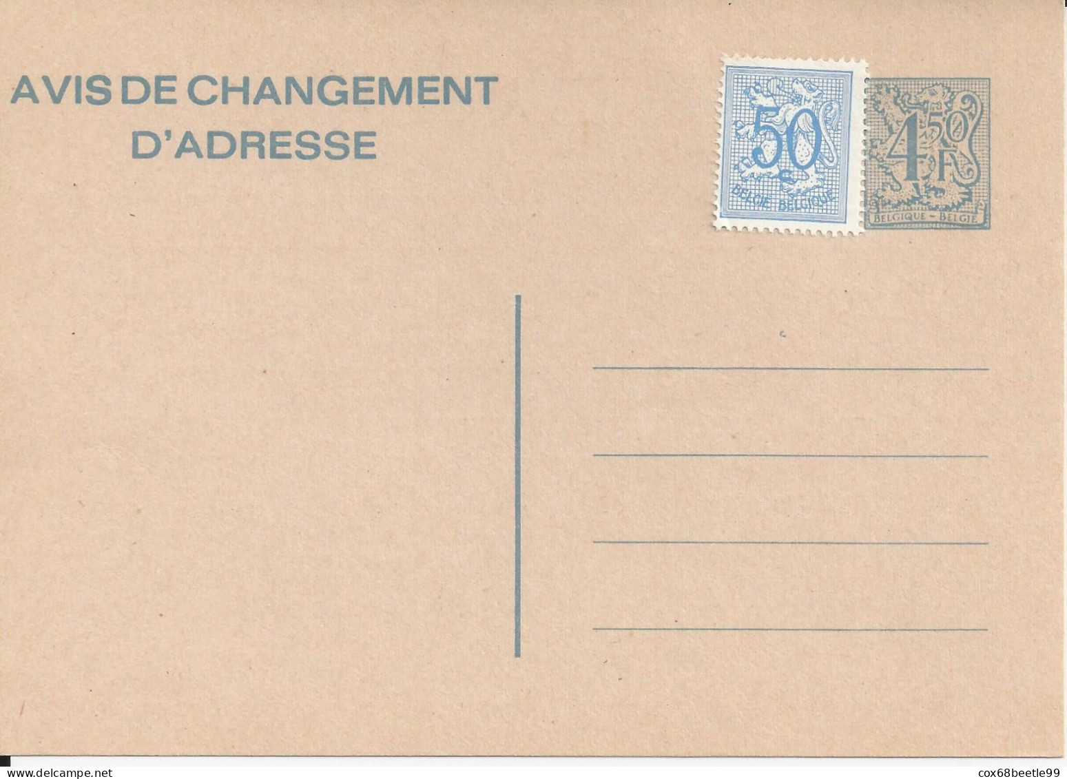 Belgique Belgie Avis Changement D'adresse 4F50 Plus 50 Cent.Neuf Non Circulé - Addr. Chang.