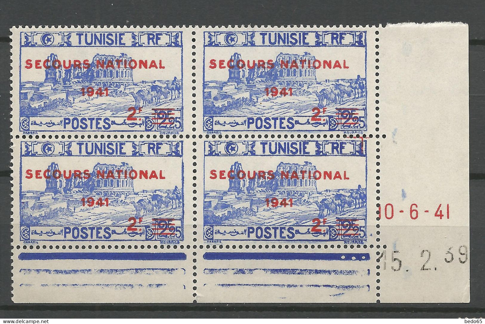 TUNISIE N° 230 Bloc De 4 Coin Daté 10 / 6 / 41 NEUF** LUXE SANS CHARNIERE NI TRACE / Hingeless  / MNH - Unused Stamps