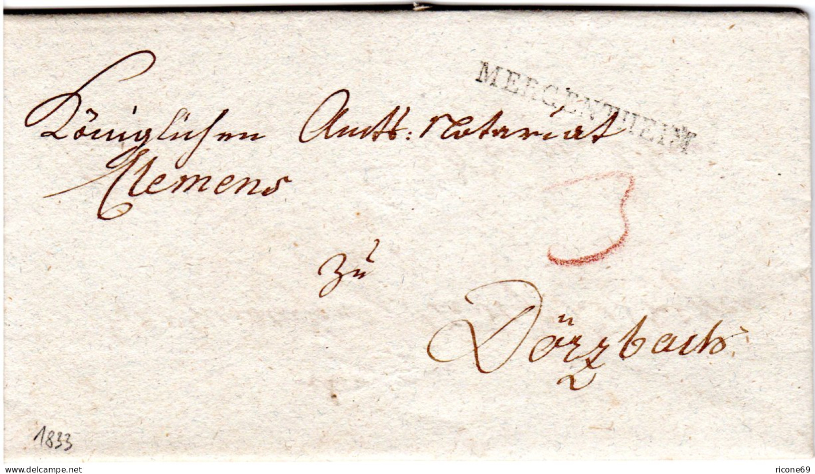 Württemberg 1833, L1 MERGENTHEIM Auf Porto Brief V. Altkrautheim N. Dörzbach - Vorphilatelie