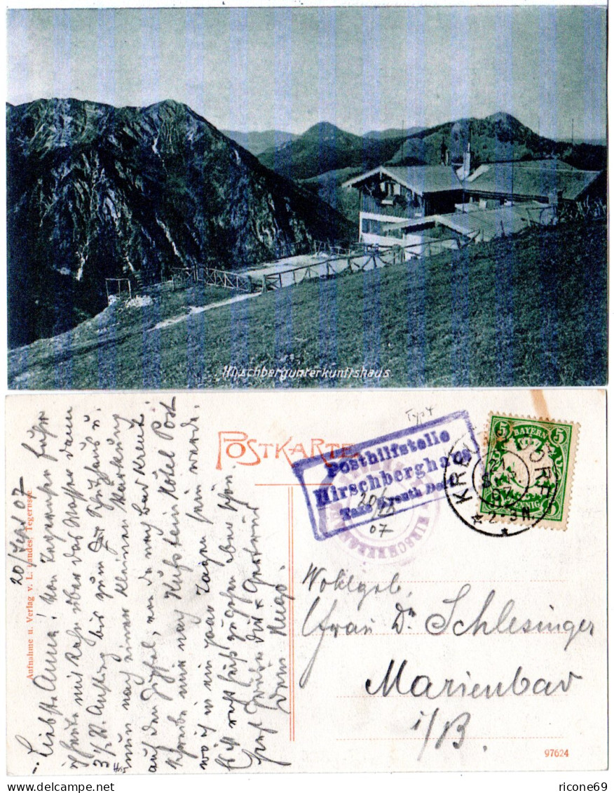 Bayern 1907, Posthilfstelle HIRSCHBERGHAUS Taxe Kreuth Dorf Auf Sw-AK M. 5 Pf - Cartas & Documentos