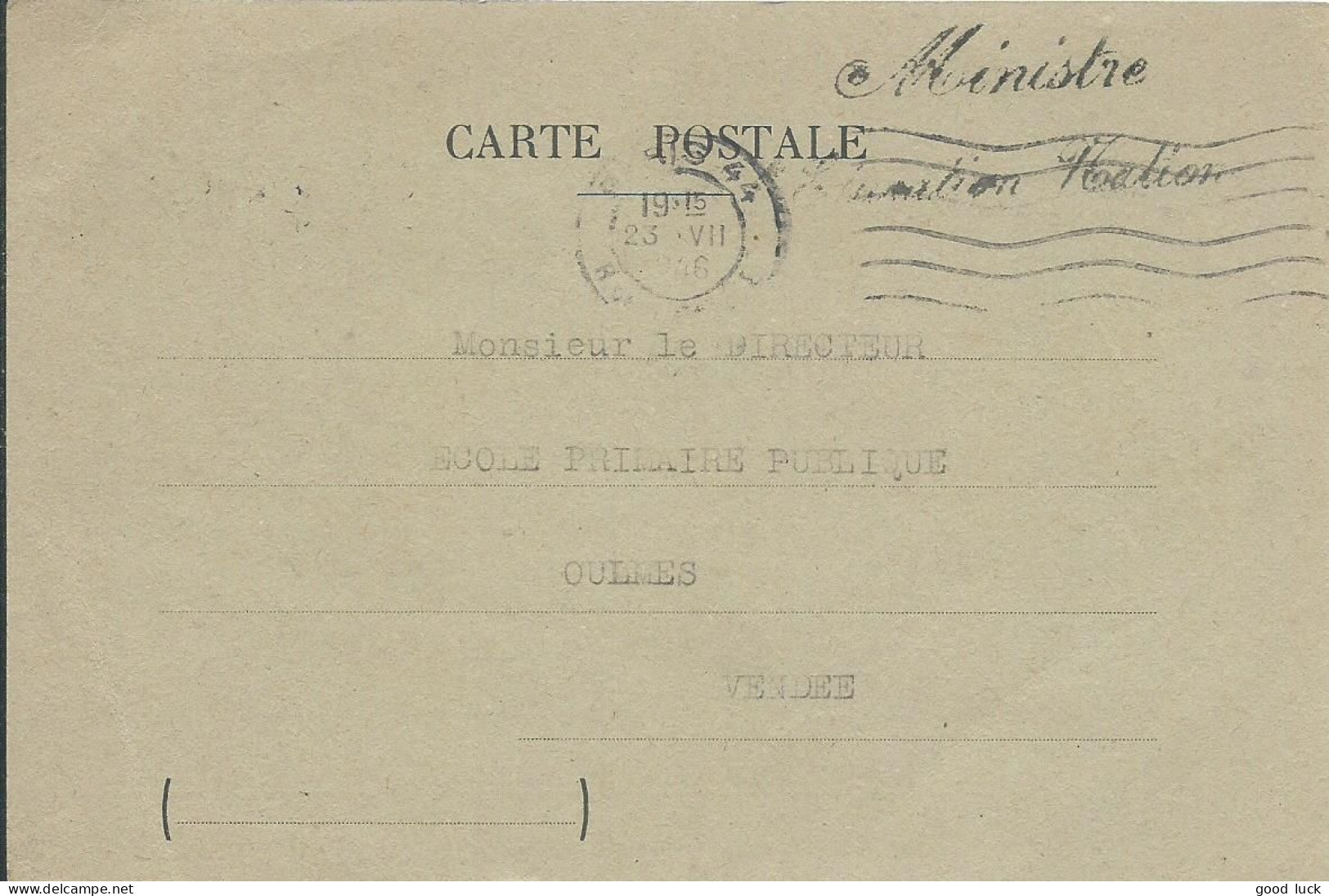 FRANCE  CARTE  PARIS + SEING " MINISTRE DE L' EDUCATION NATIONALE " POUR OLMES ( VENDEE ) DE 1946 LETTRE COVER - Civil Frank Covers